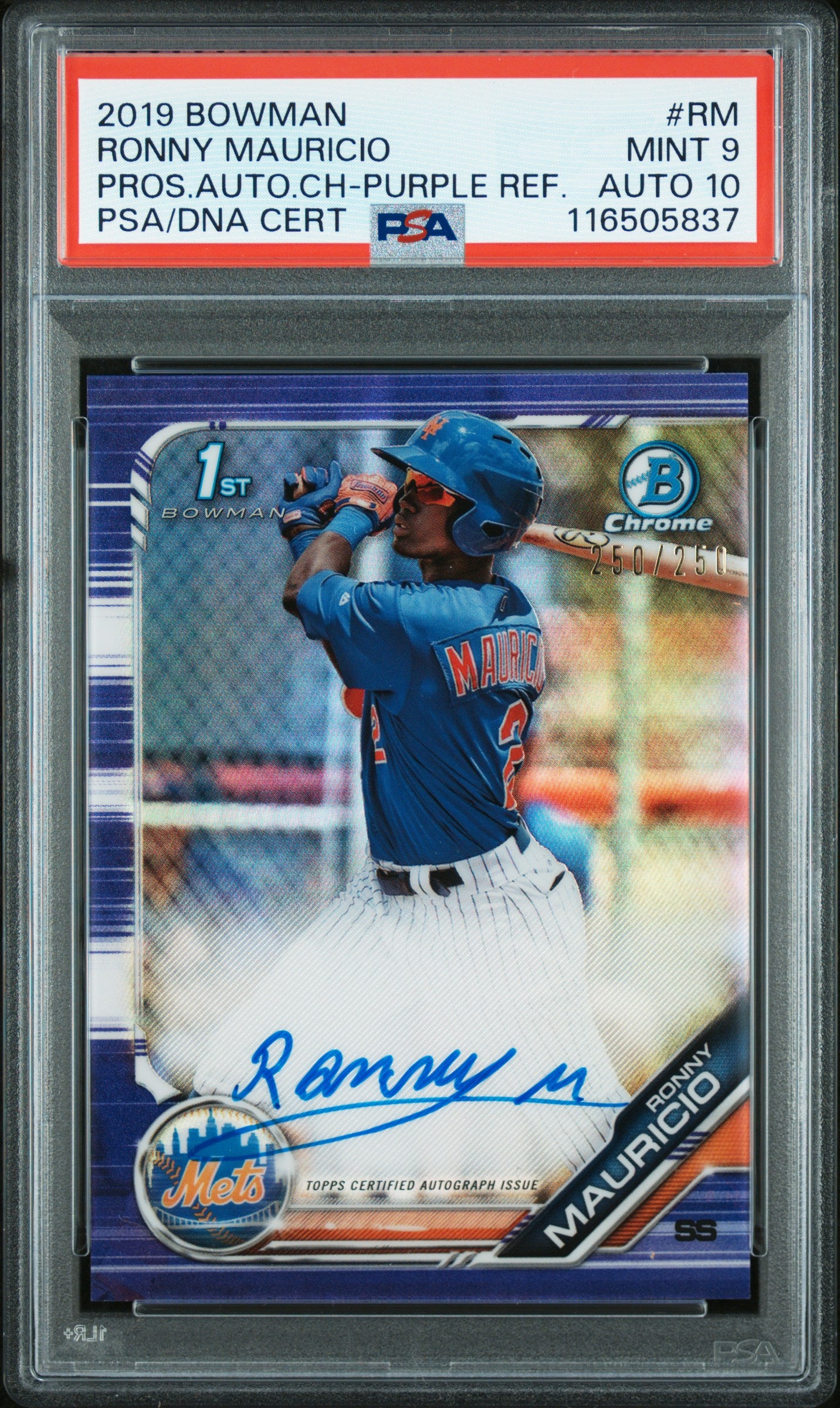 Ronny Mauricio 2019 Bowman Chrome Purple Refractor Auto #250/250 PSA 9 Auto 10