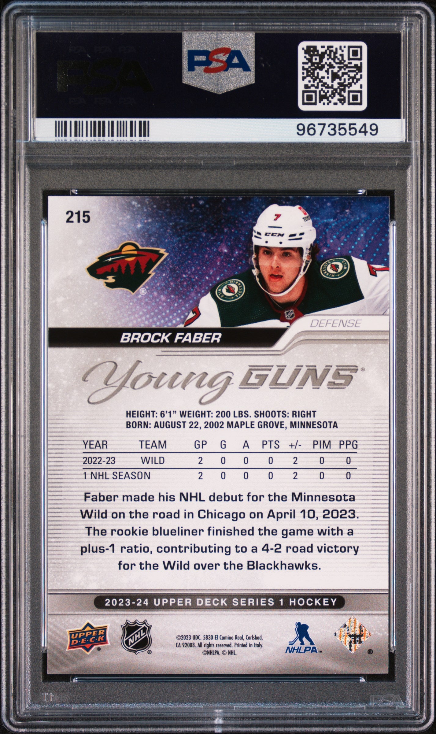 Brock Faber 2023 Upper Deck Rookie #215 PSA 10 Gem Mint