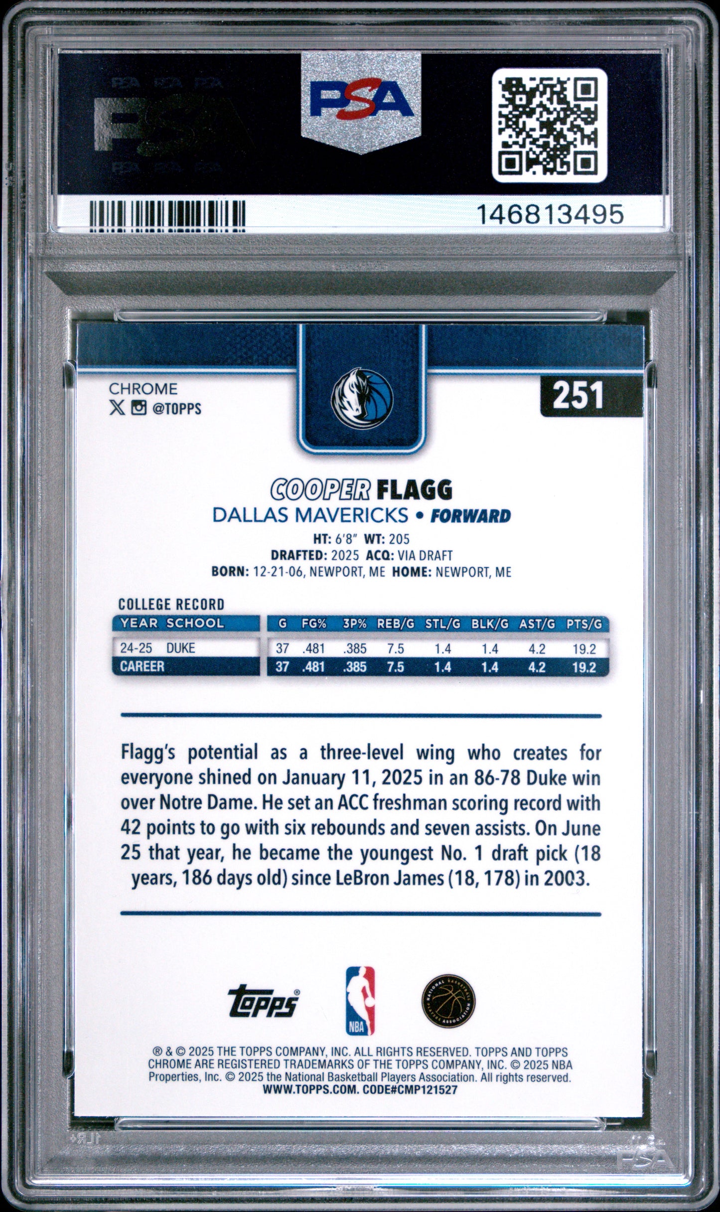 Cooper Flagg 2025 Topps Chrome Rookie #251 PSA 10 Gem Mint 3495