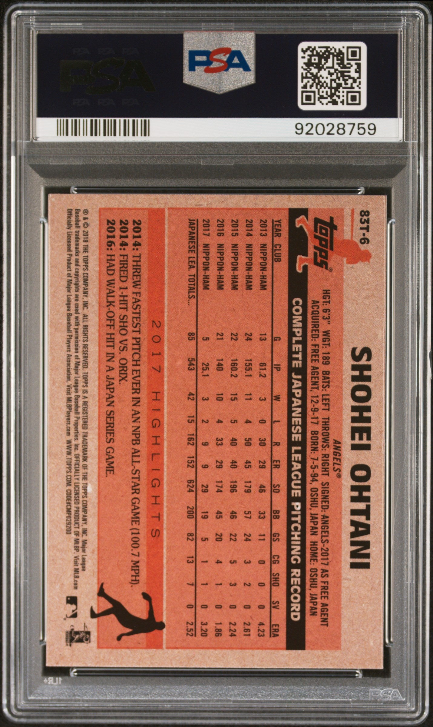 Shohei Ohtani 2018 Topps Chrome 1983 Topps #83T-6 PSA 9 Mint 8759