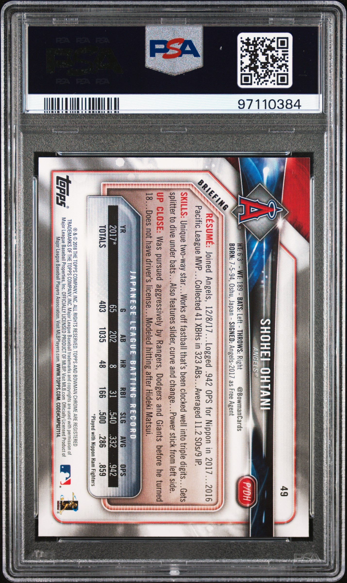 Shohei Ohtani 2018 Bowman Rookie #49 PSA 9 Mint 0384