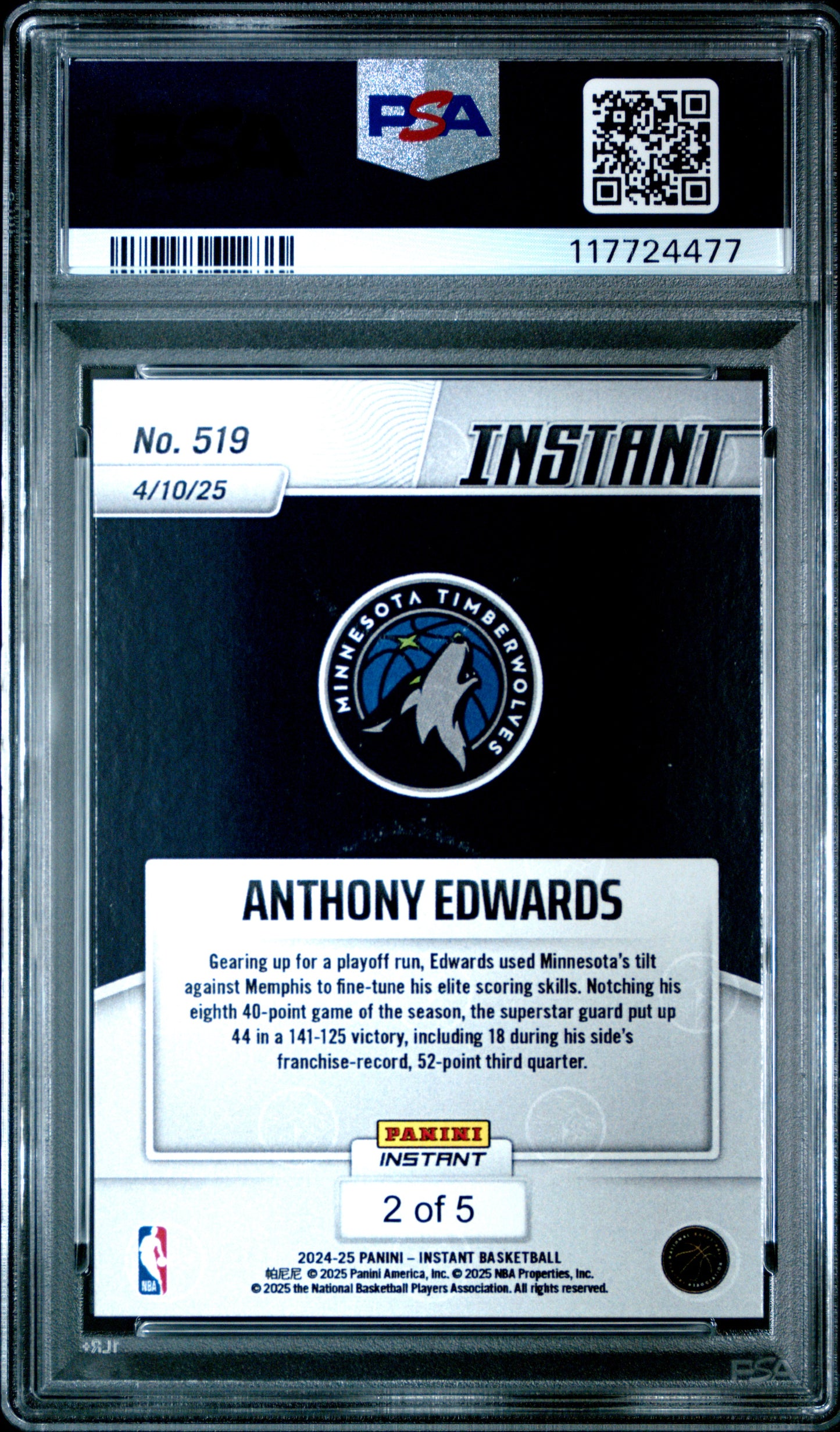 Anthony Edwards 2024 Panini Instant #519 White Tiger #2.5 PSA 10 Gem Mint