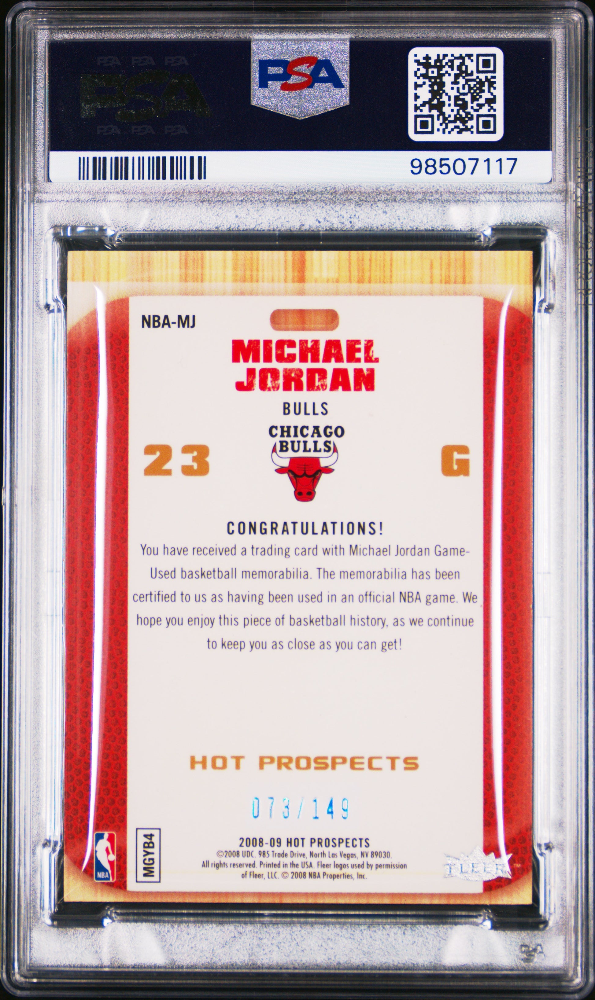 Michael Jordan 2008 Fleer Hot Prospects Game-Worn Jersey #73/149 PSA 9 Mint
