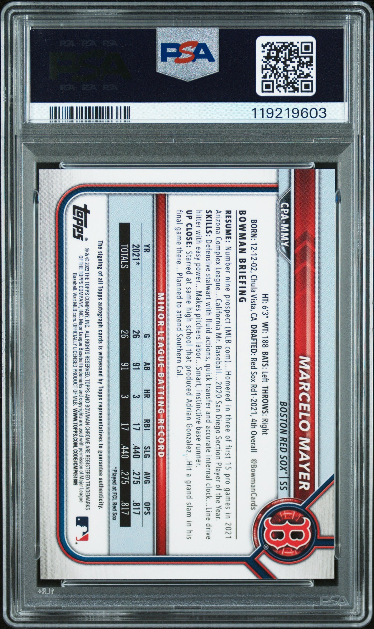 Marcelo Mayer 2022 Bowman Chrome Green Shimmer Refractor Auto #8/99 PSA 10 Auto 10