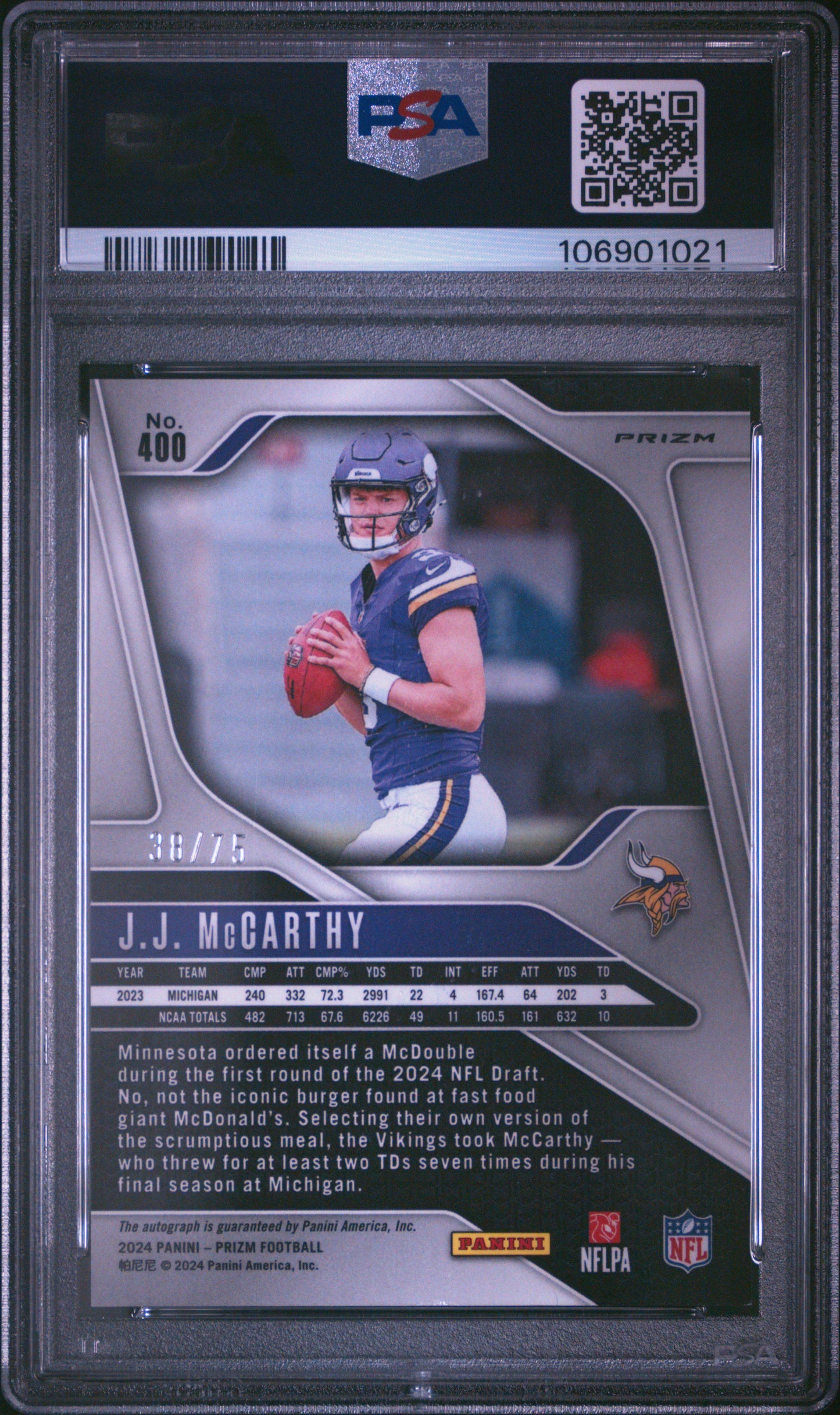 JJ McCarthy 2024 Panini Prizm Green Scope Rookie Auto #38/75 PSA 7 Near Mint