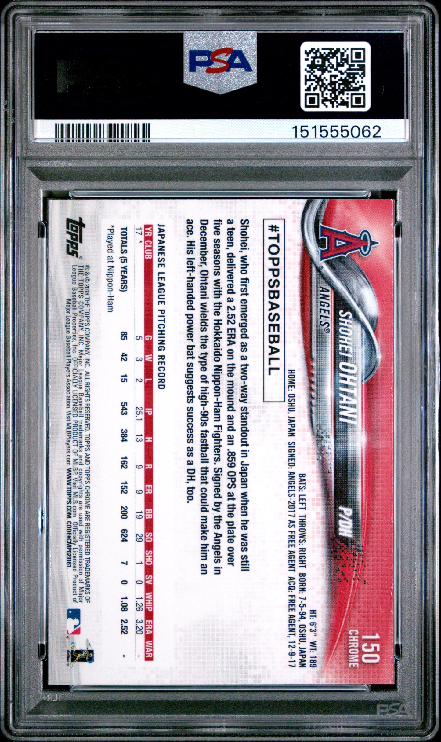 Shohei Ohtani 2018 Topps Chrome Rookie #150 PSA 10 Gem Mint 5062