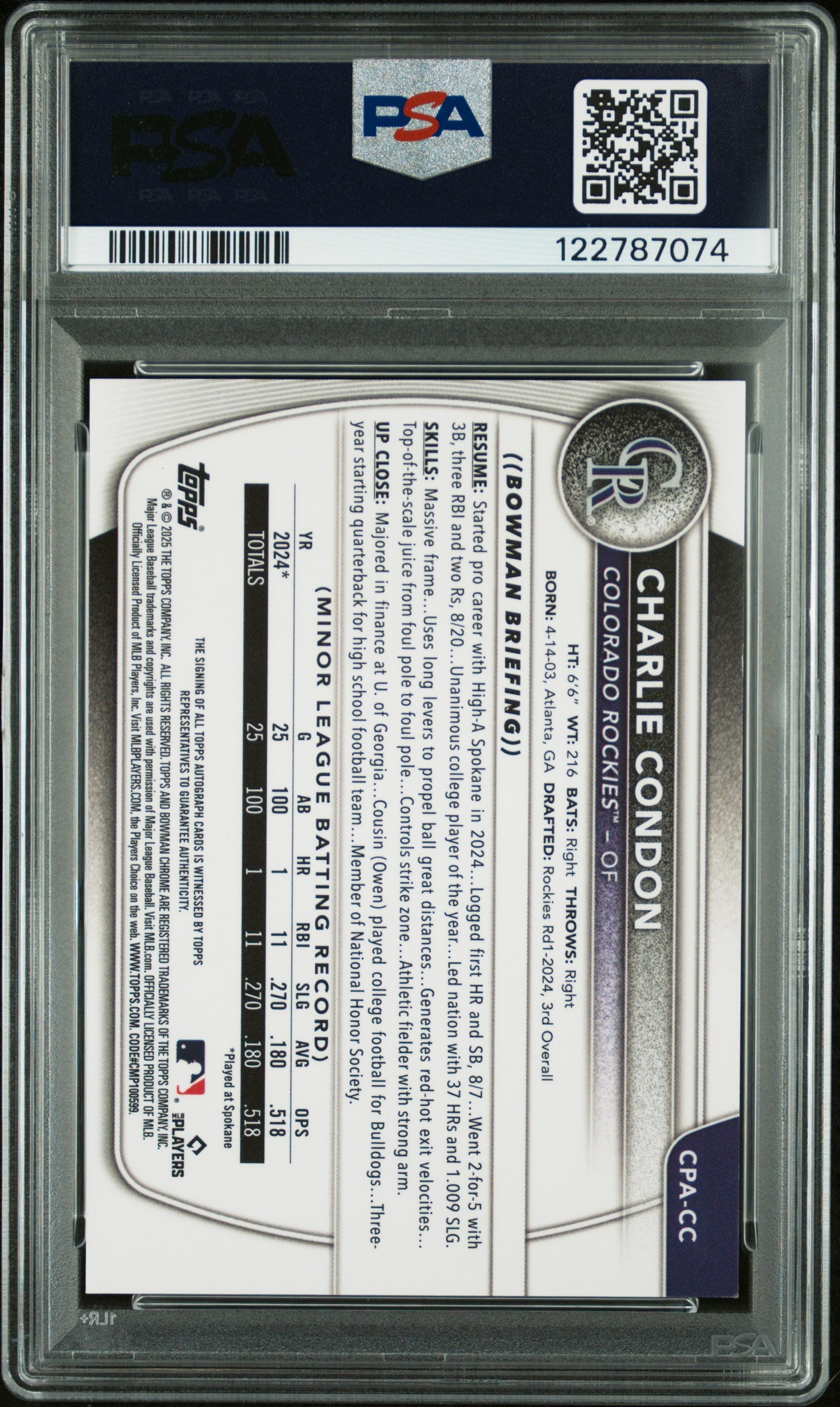 Charlie Condon 2025 Bowman Chrome Blue Refractor Auto #10/150 PSA 9 Auto 10