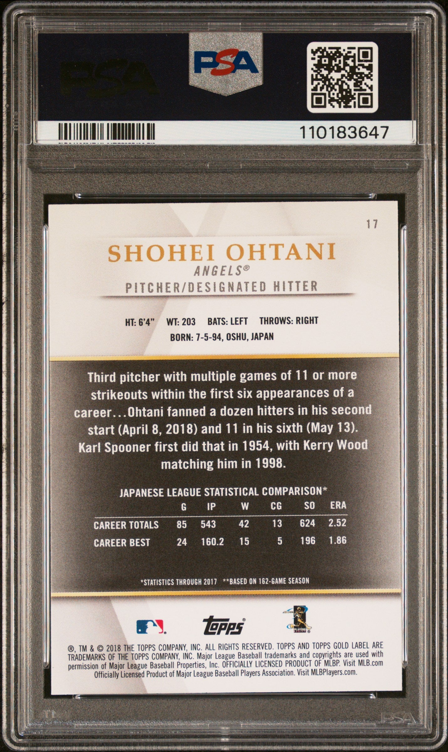 Shohei Ohtani 2018 Topps Gold Label Class 1 Black PSA 10 Gem Mint