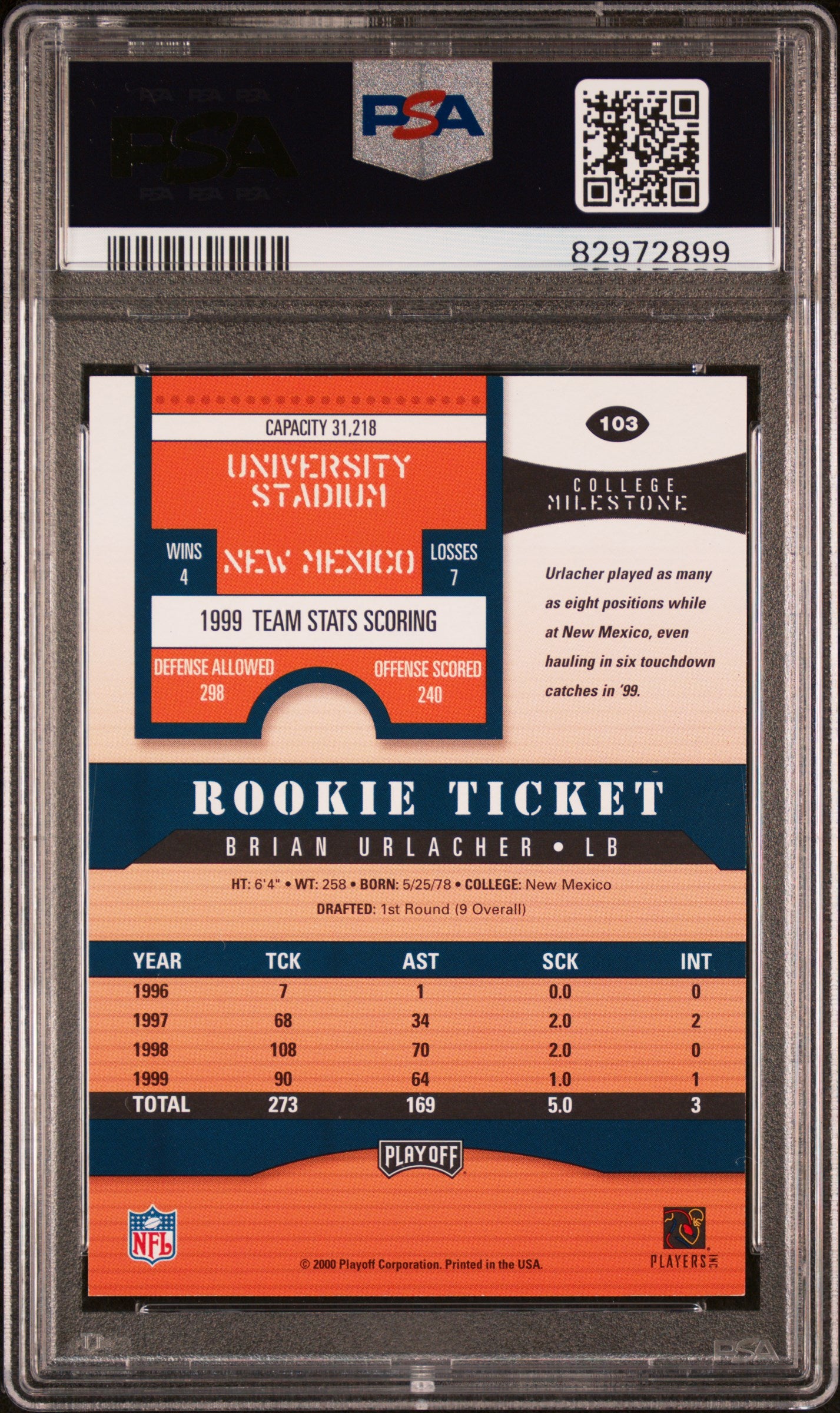 Brian Urlacher 2000 Playoff Contenders Rookie Auto PSA 8 Auto 10