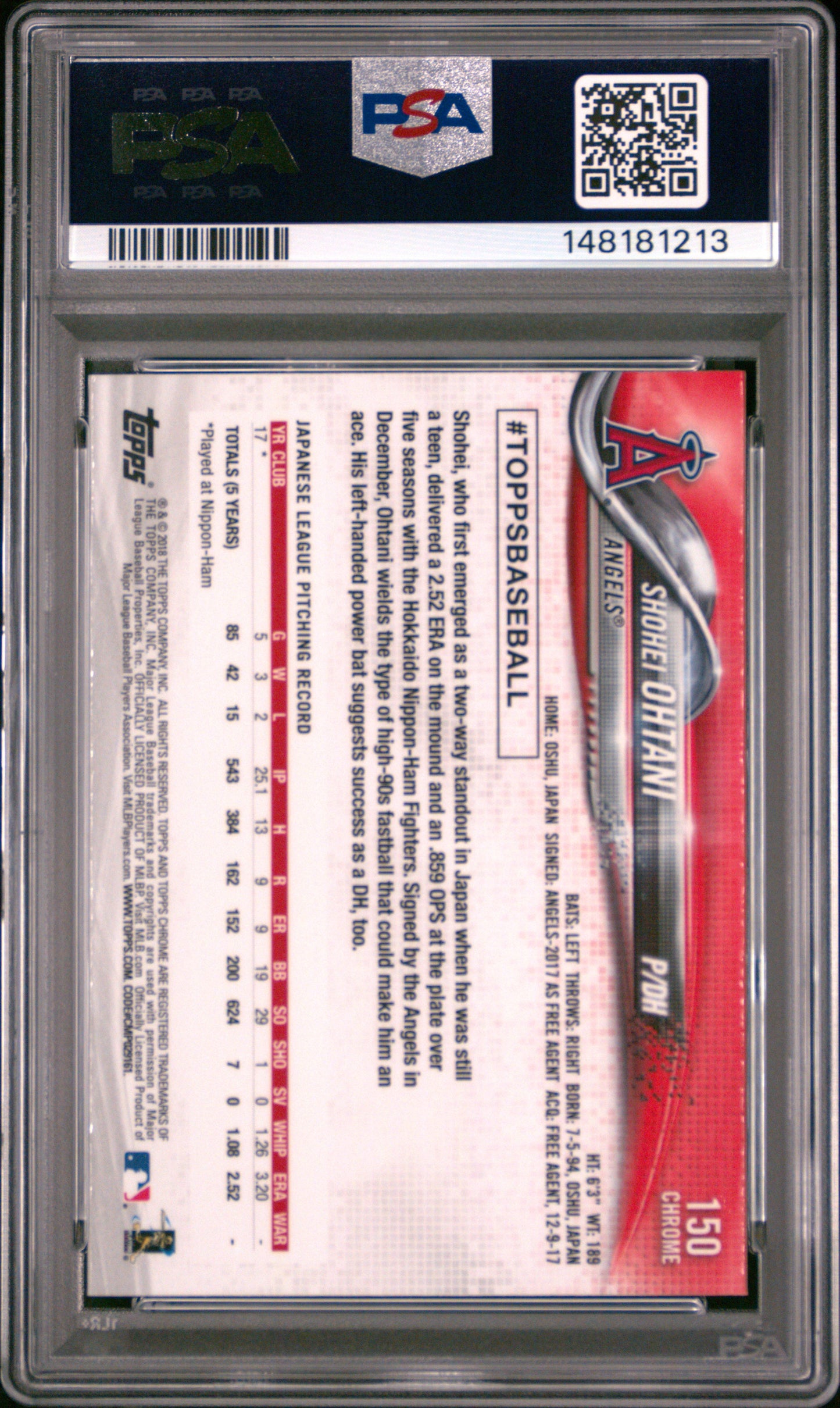 Shohei Ohtani 2018 Topps Chrome Rookie #150 PSA 10 Gem Mint 1213