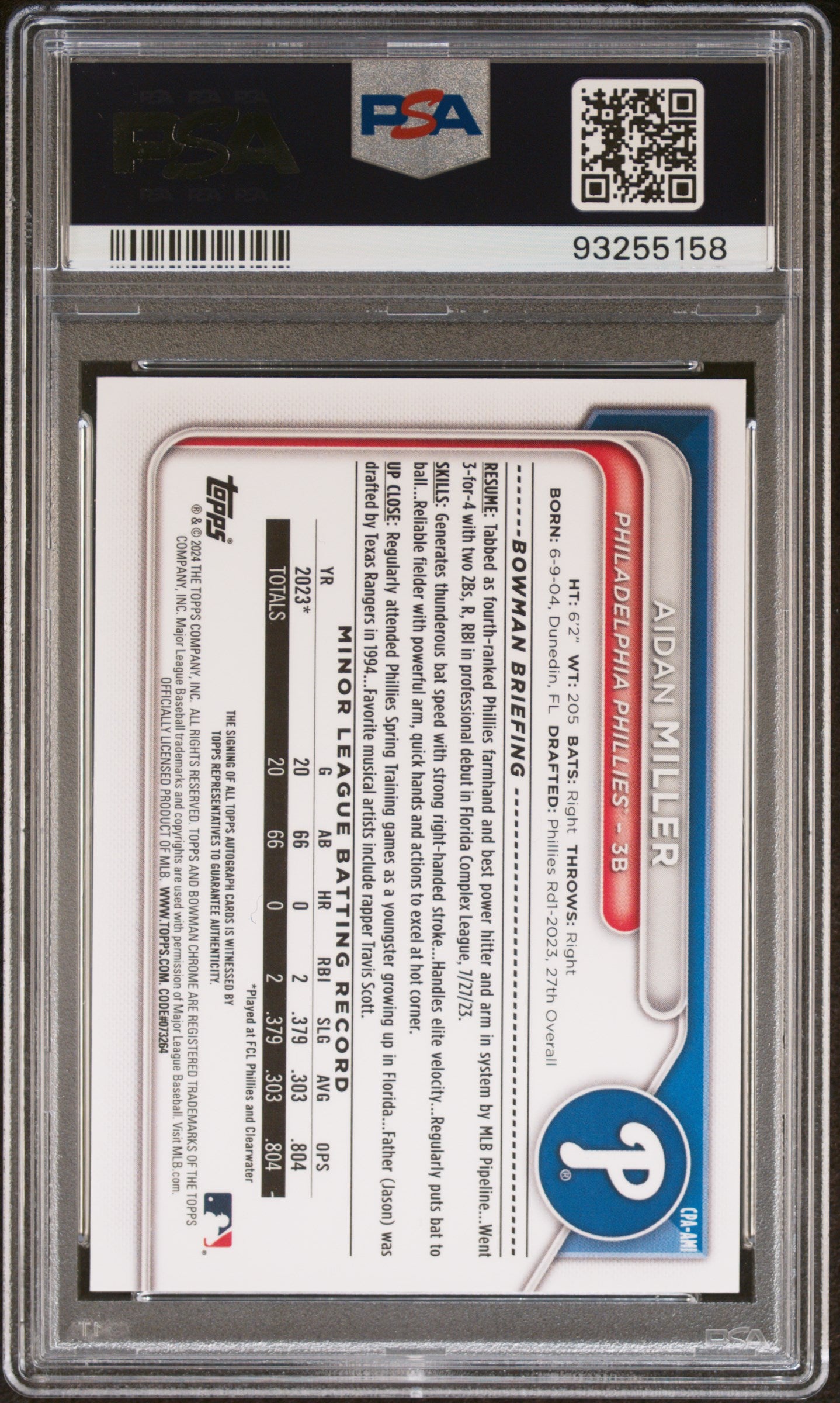 Aidan Miller 2024 Bowman Chrome Autograph PSA 10 Gem Mint