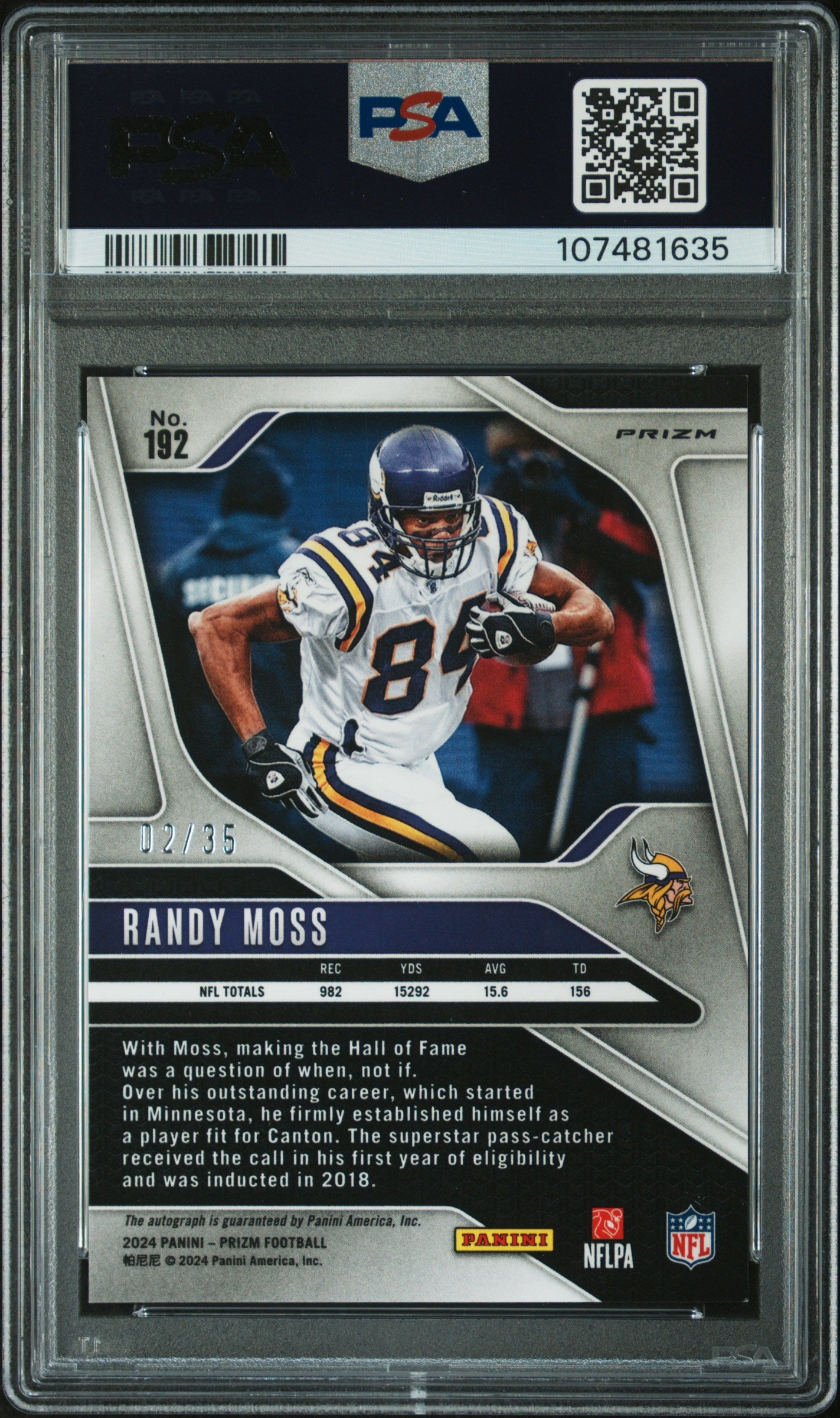 Randy Moss 2024 Panini Prizm Red Shimmer Auto #2/35 PSA 9 Auto 10