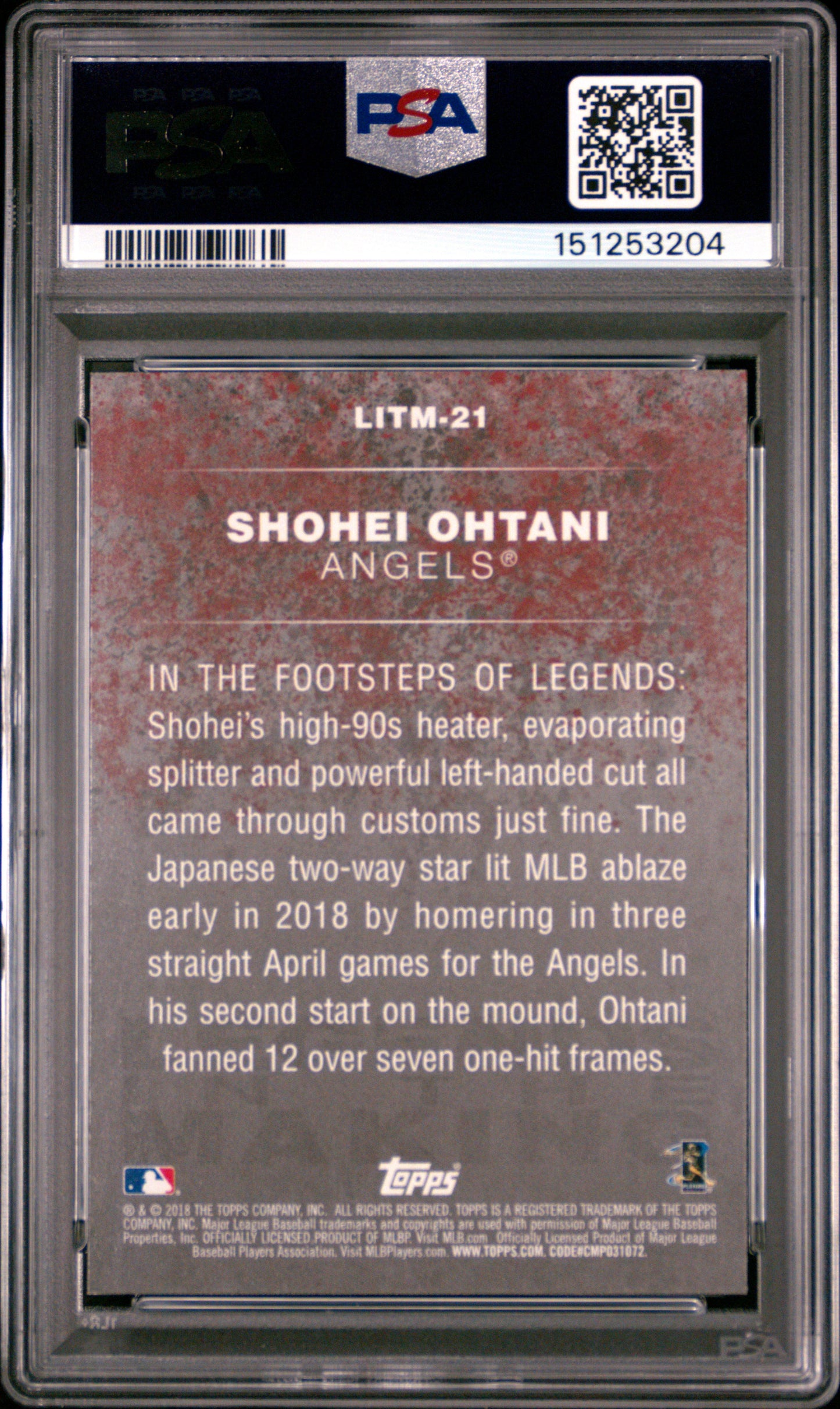 Shohei Ohtani 2018 Topps Update Legends in the Making PSA 9 Mint 3204