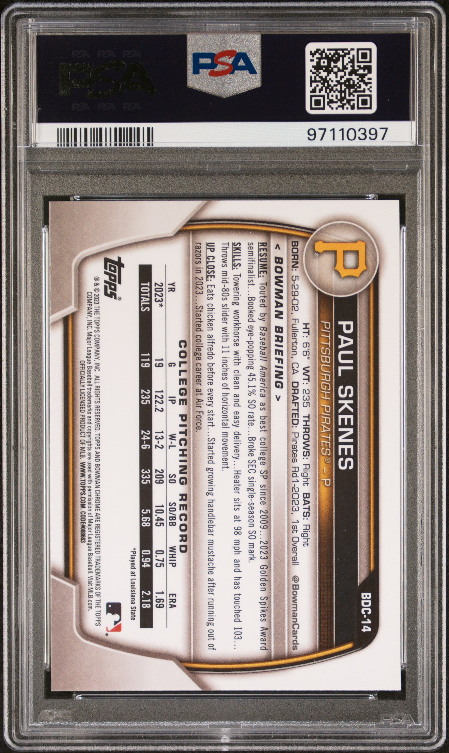 Paul Skenes 2023 Bowman Draft Sapphire PSA 10 Gem Mint 0397