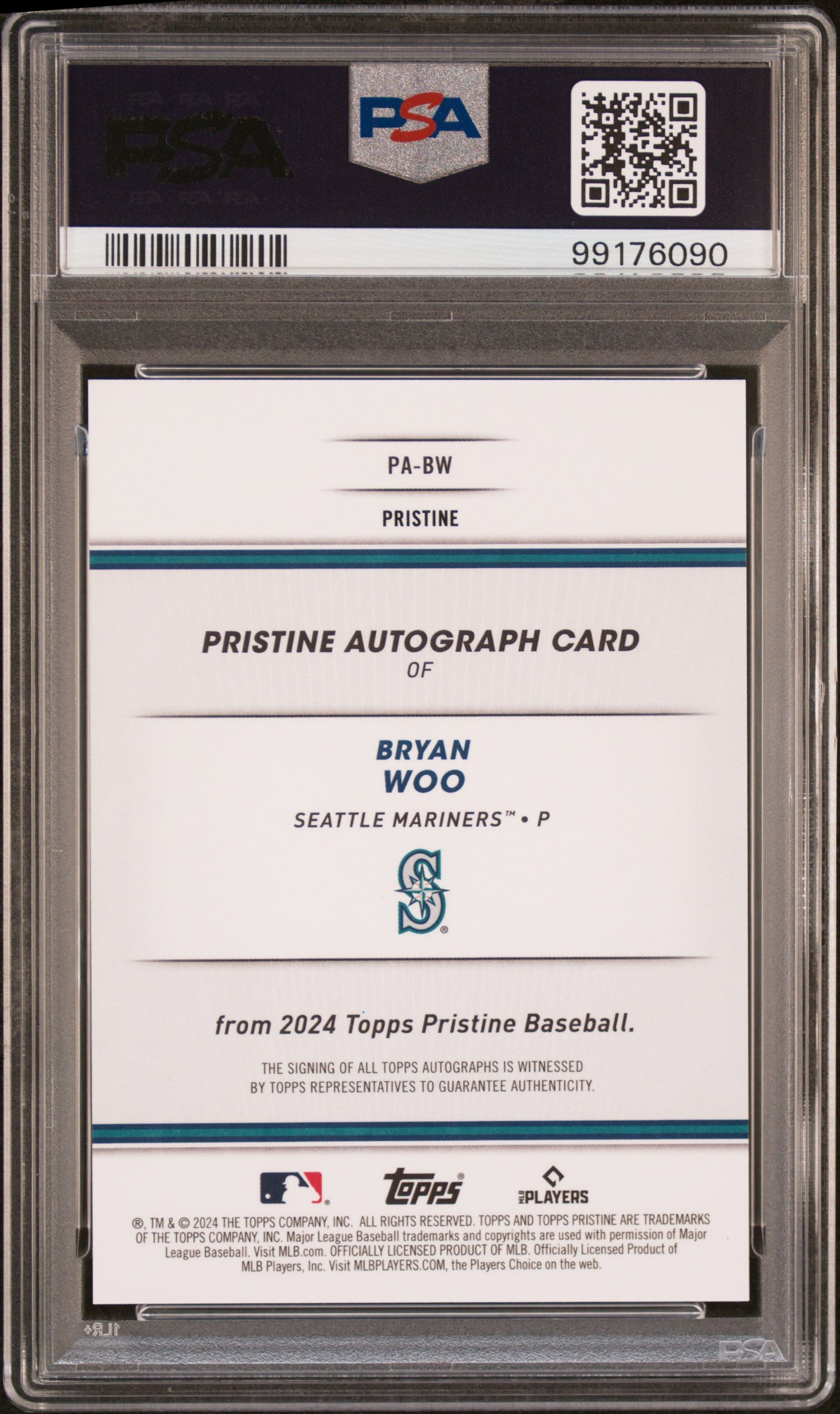 Bryan Woo 2024 Topps Pristine Purple Rookie Auto #22/99 PSA 10 Gem Mint