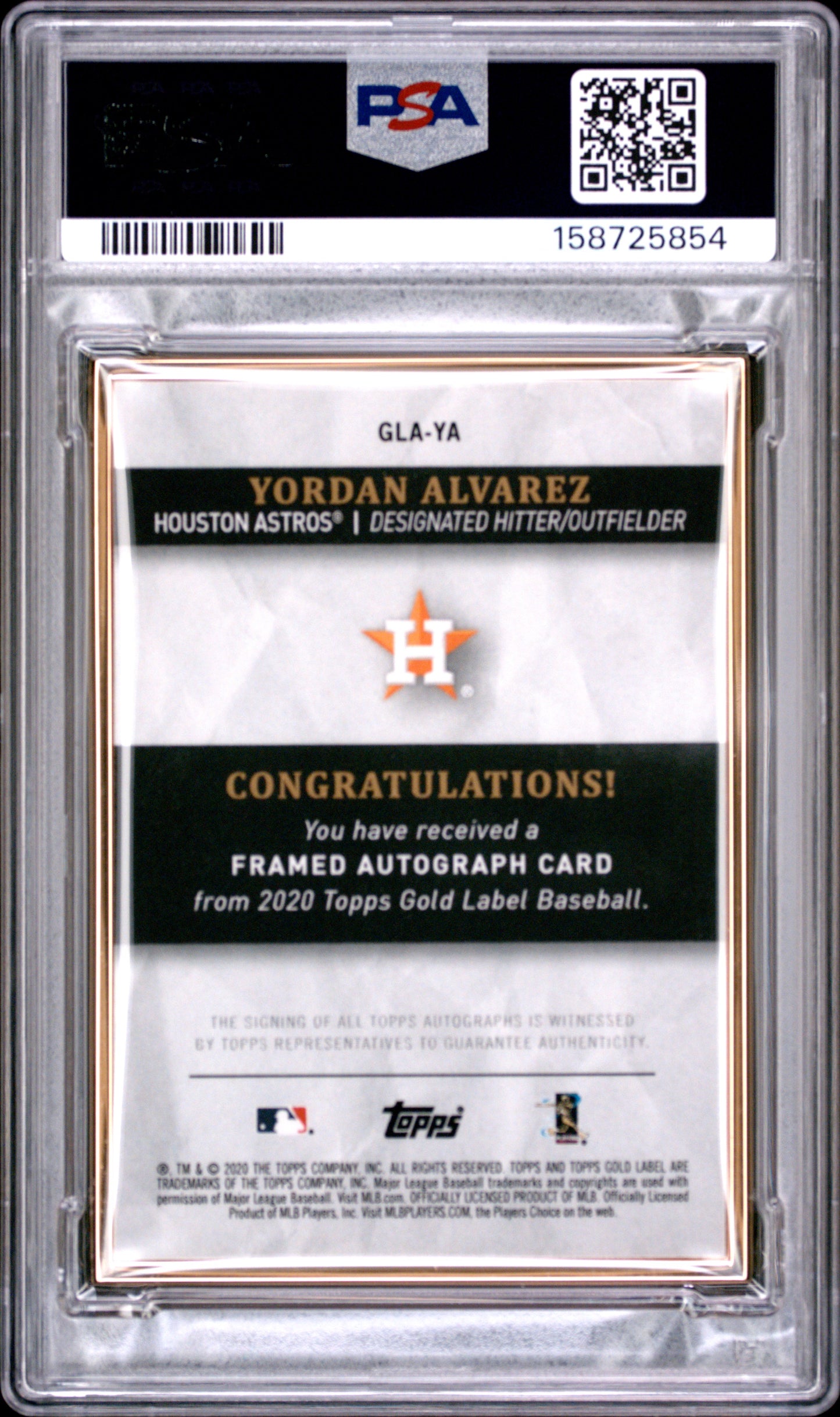 Yordan Alvarez 2020 Topps Gold Label Framed Rookie Auto PSA 9 Mint