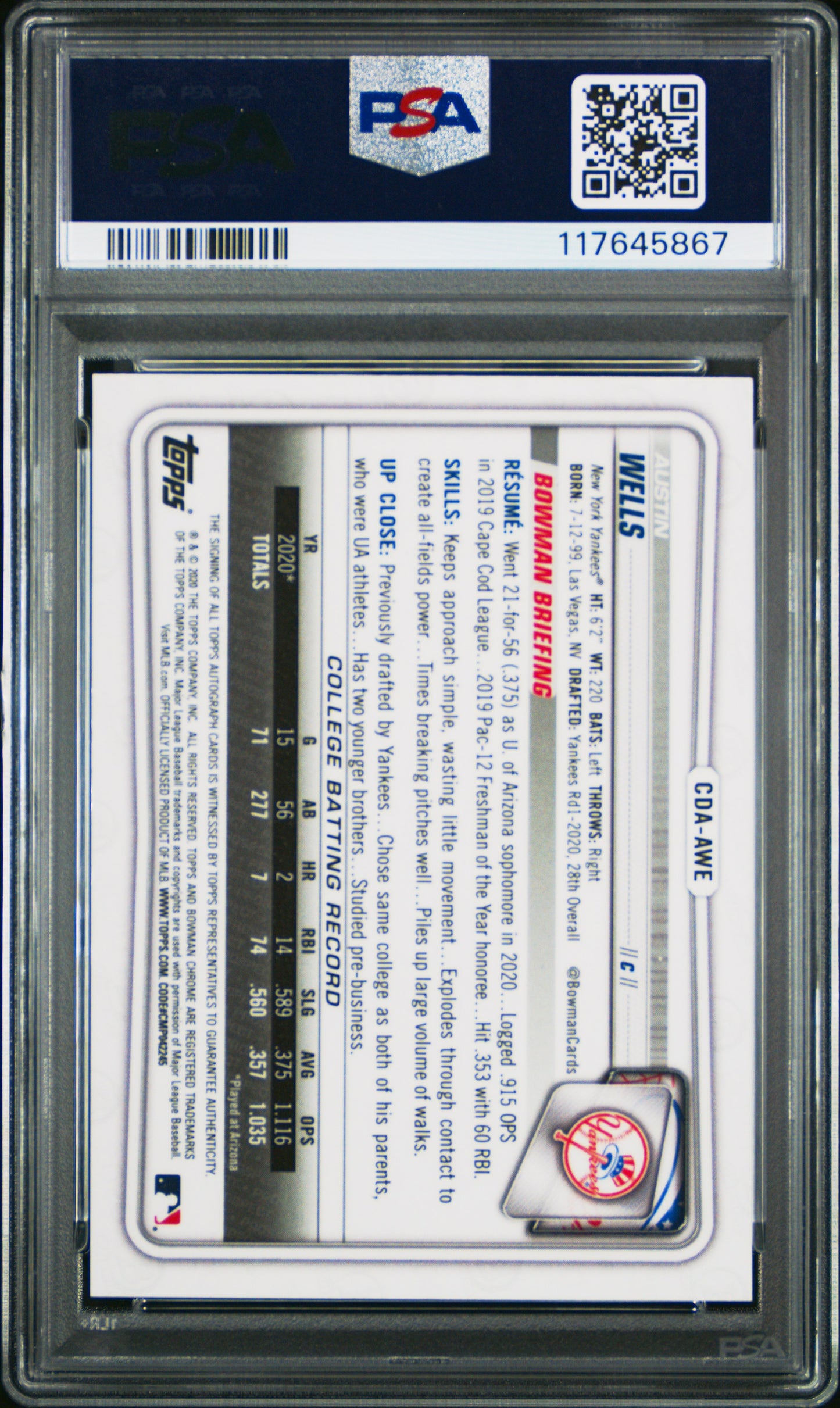 Austin Wells 2020 Bowman Chrome Draft Blue Wave Refractor Auto #103/150 PSA 10 Gem Mint