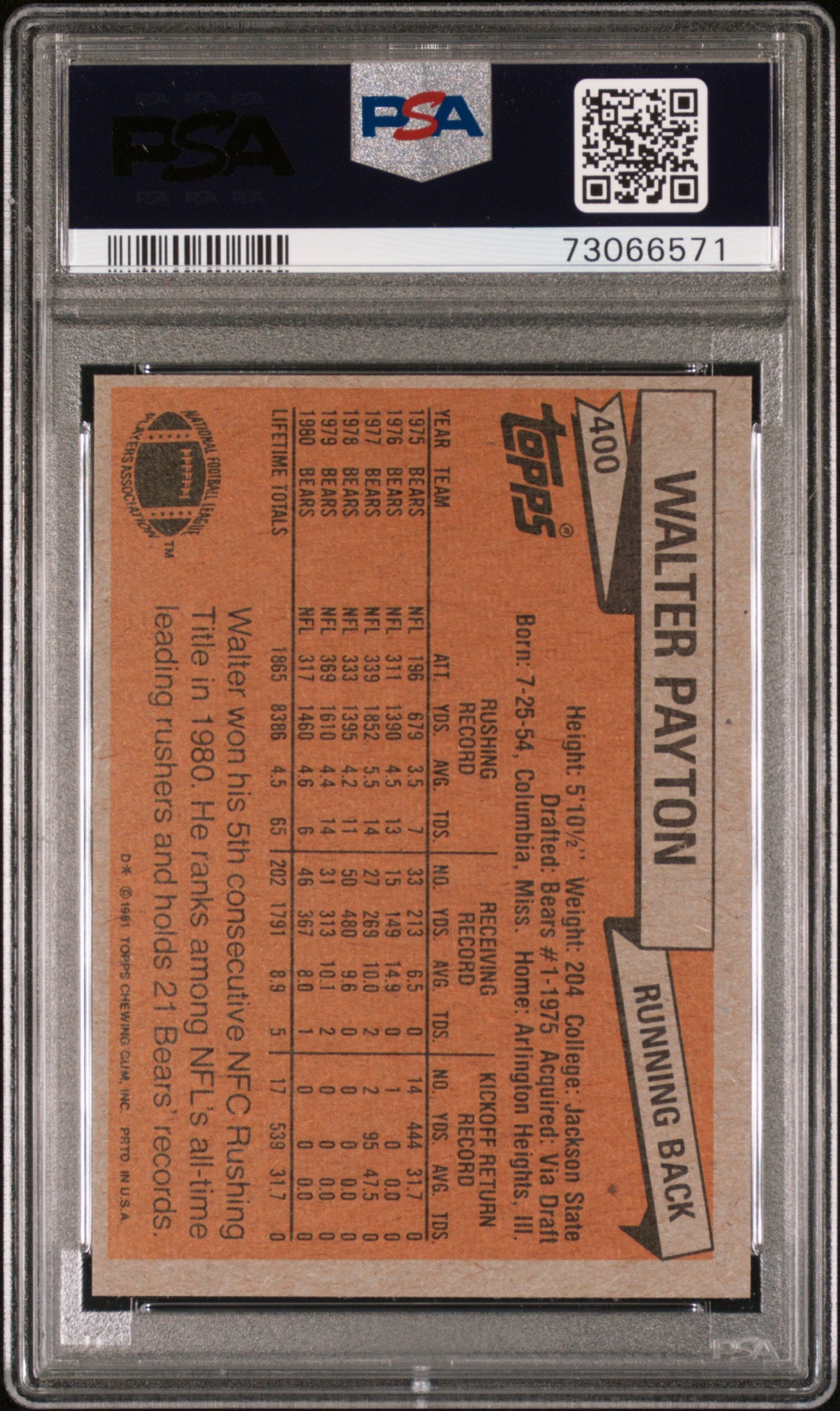 Walter Payton 1981 Topps #400 PSA 9 Mint 6571