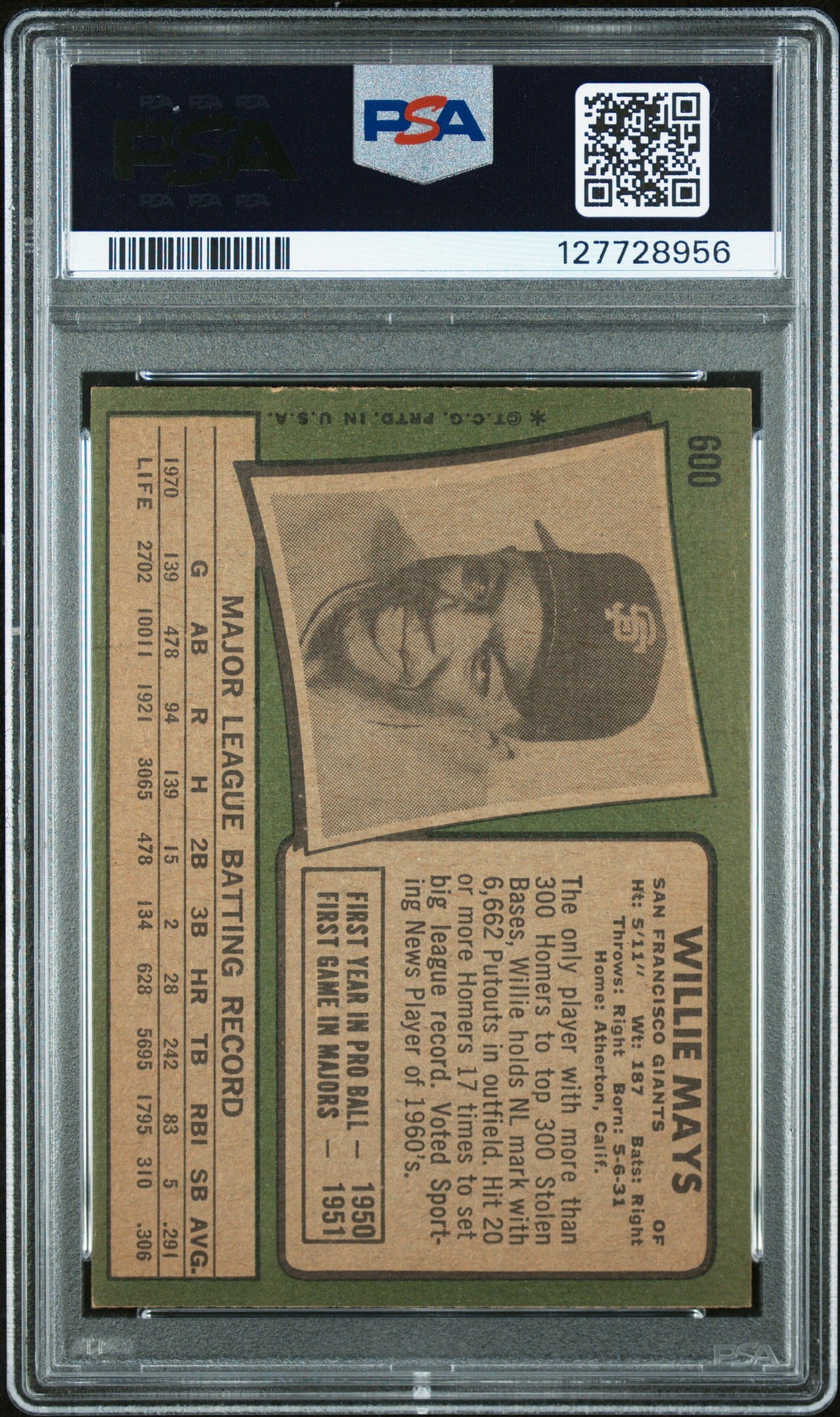Willie Mays 1971 Topps #600 PSA 5 EX 8956