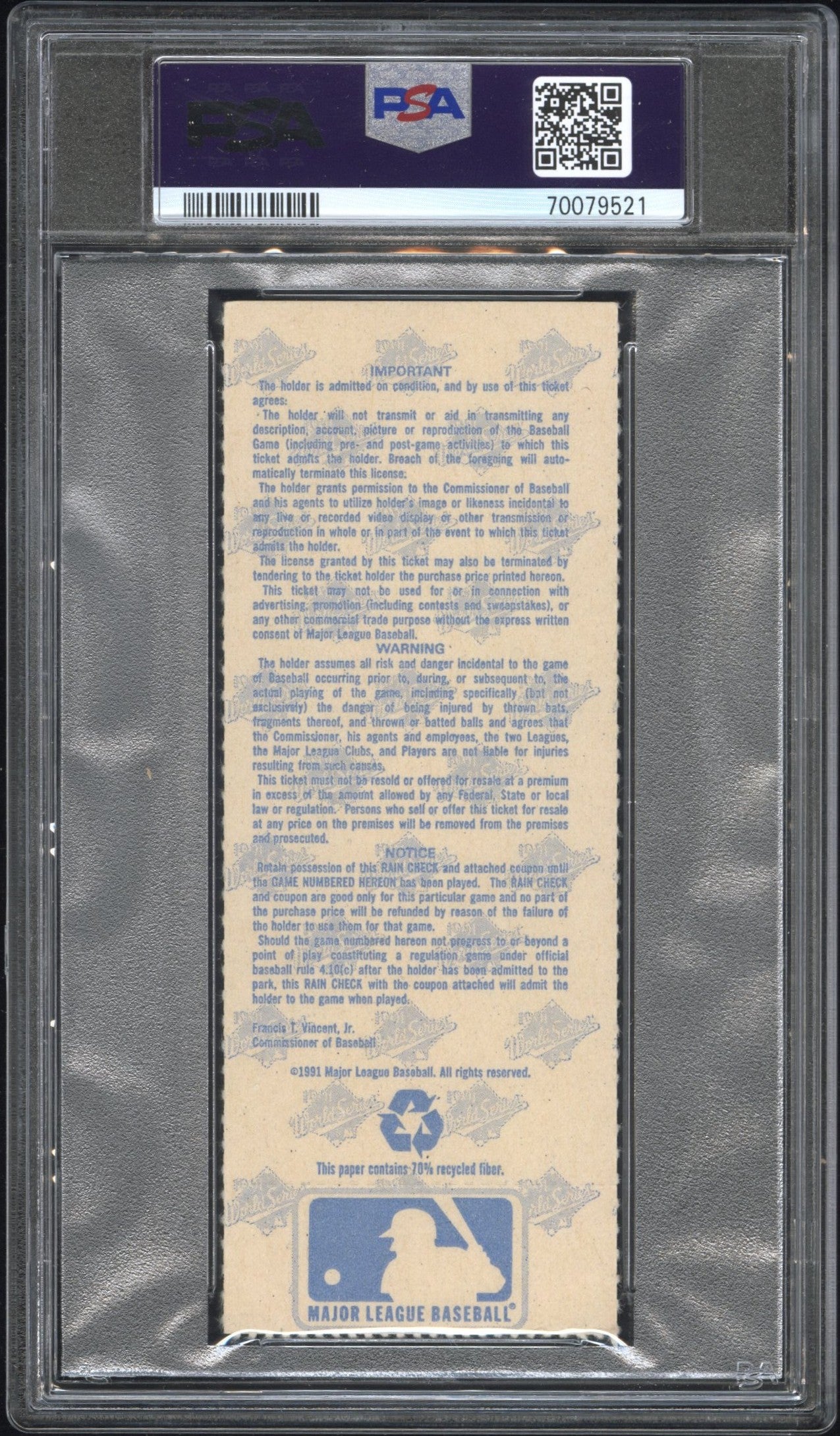 1991 World Series Game 2 Ticket Stub PSA 8 Nm-Mint
