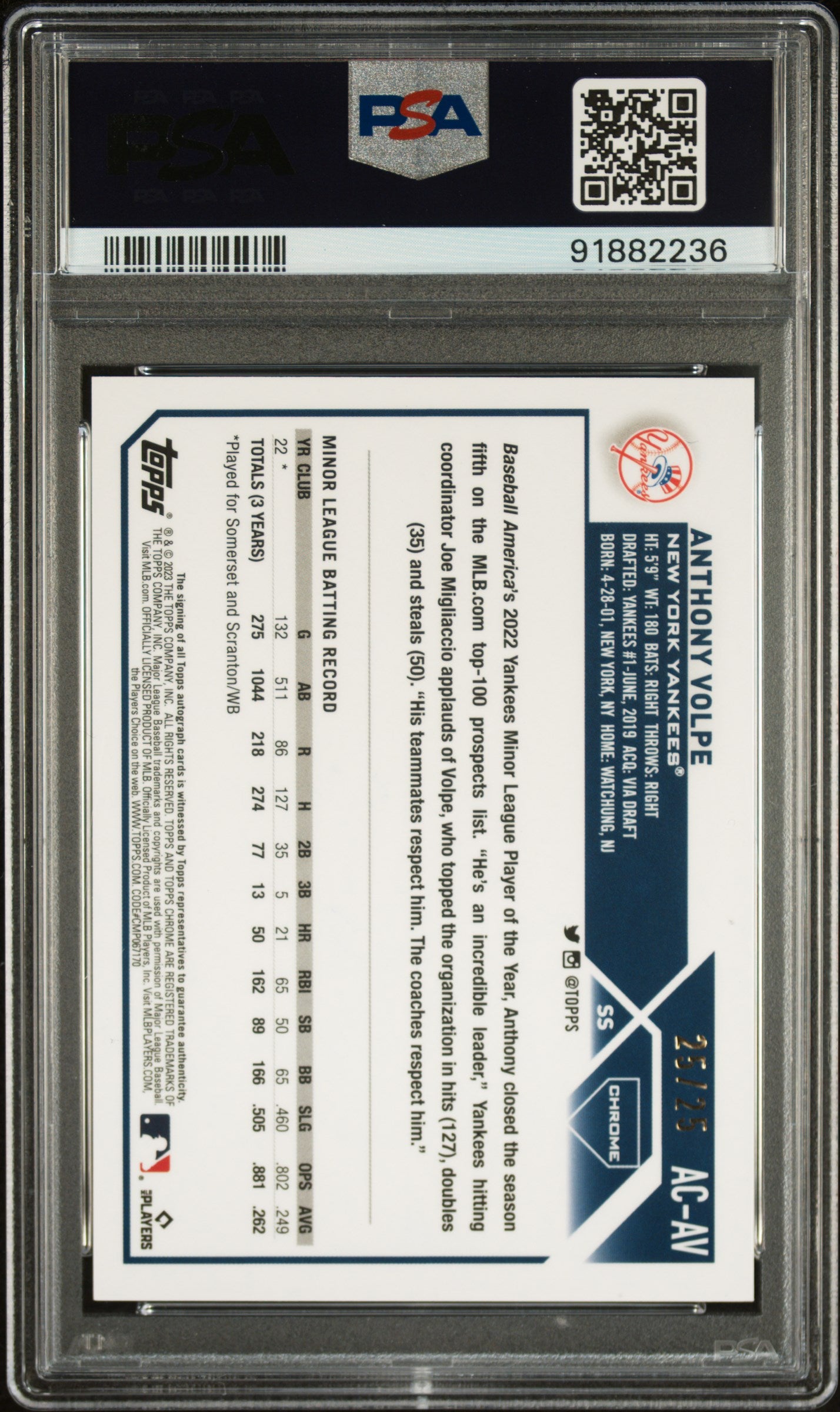 Anthony Volpe 2023 Topps Chrome Update Orange Auto #25/25 PSA 10 Auto 10