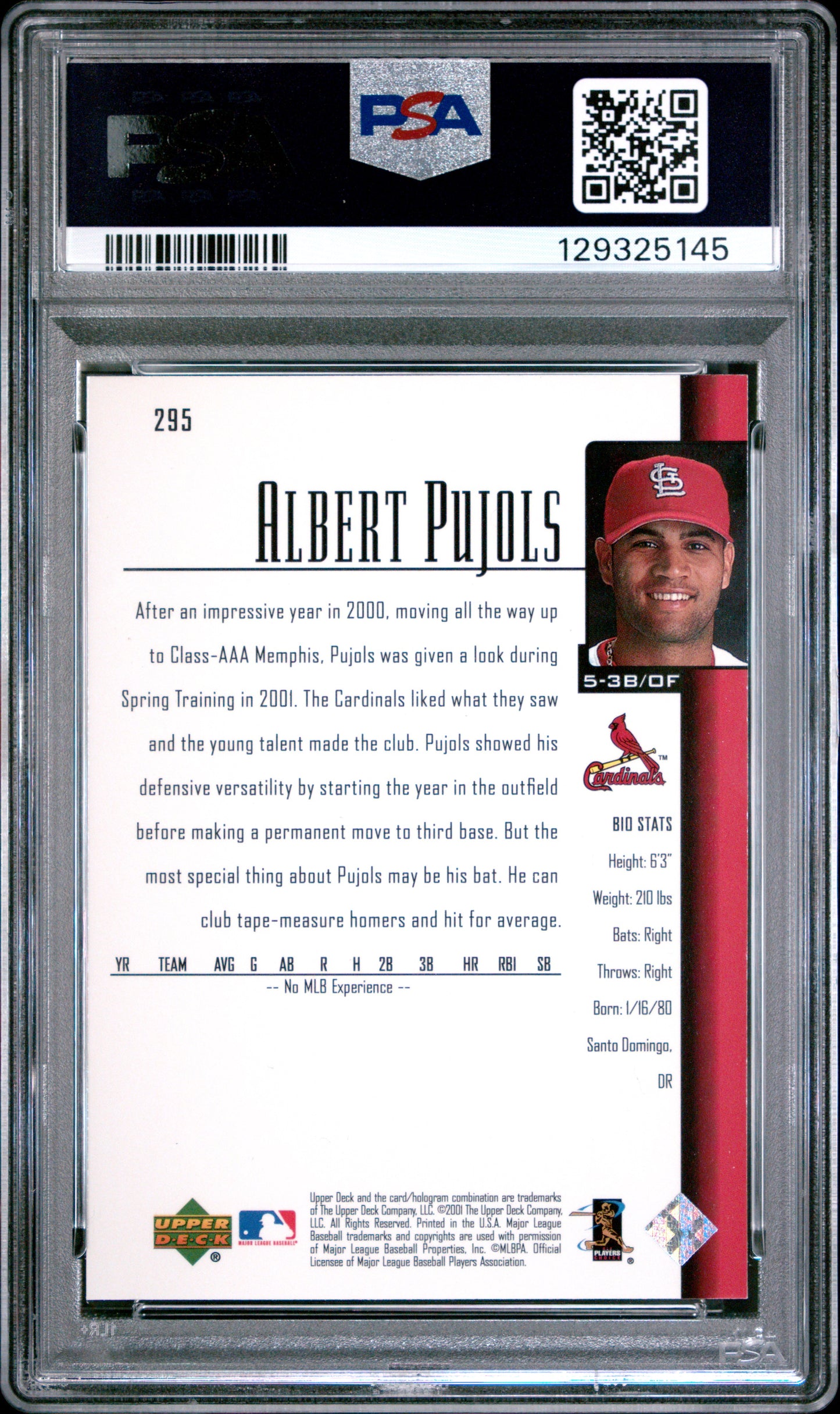 Albert Pujols 2001 Upper Deck Rookie #295 PSA 9 Mint 5145