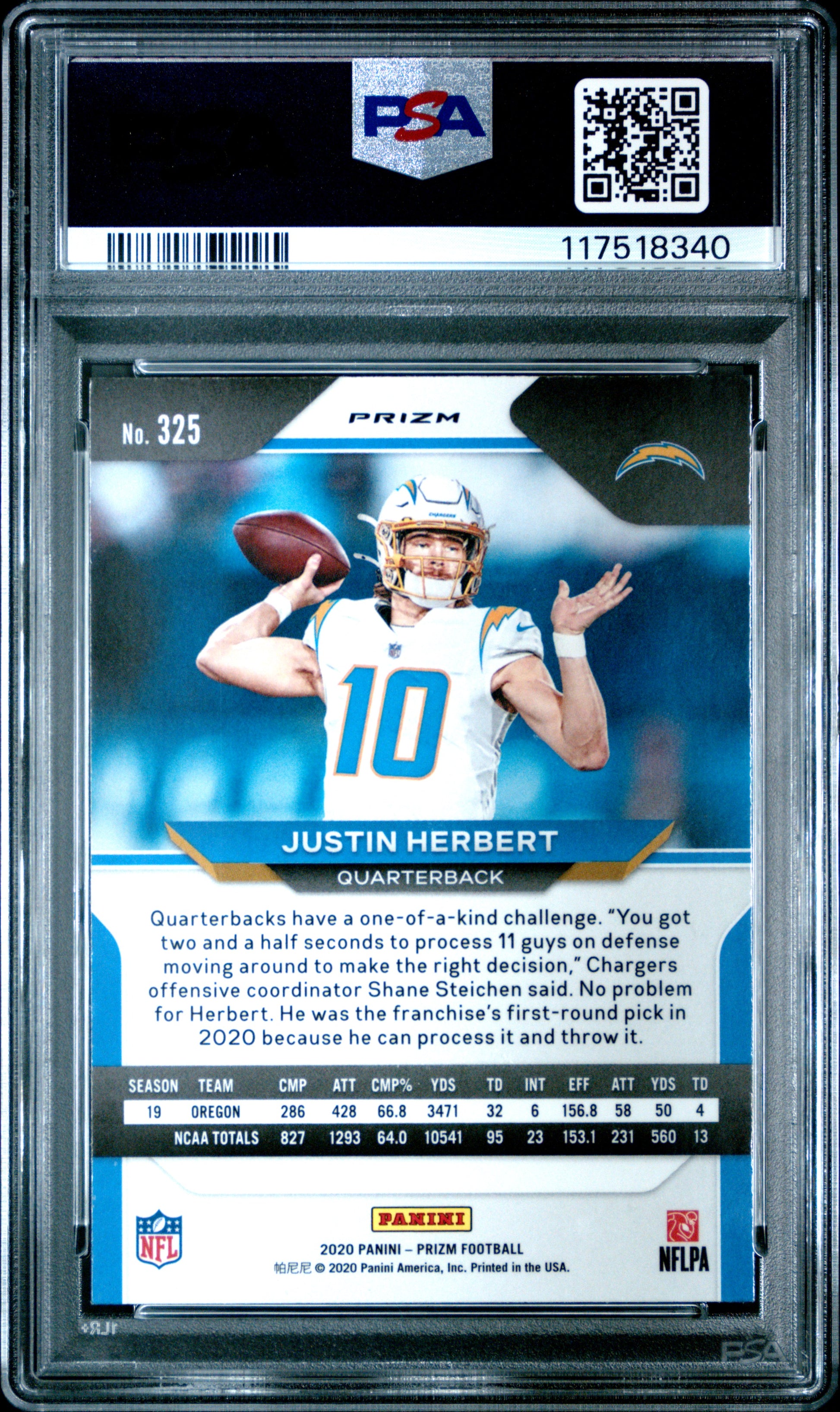 Justin Herbert 2020 Panini Prizm Rookie #325 Silver Prizm PSA 9 Mint 8340