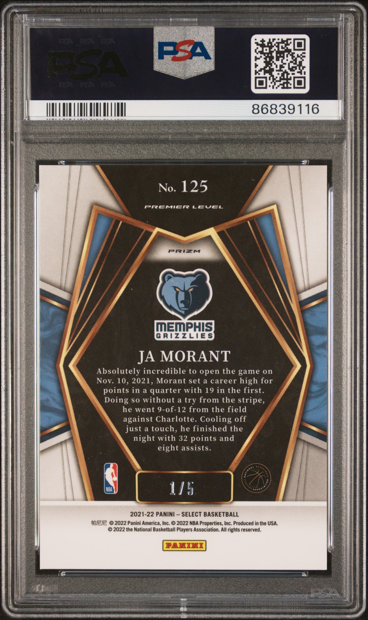 Ja Morant 2021 Panini Select #125 Green Disco #1/5 PSA 10 Gem Mint