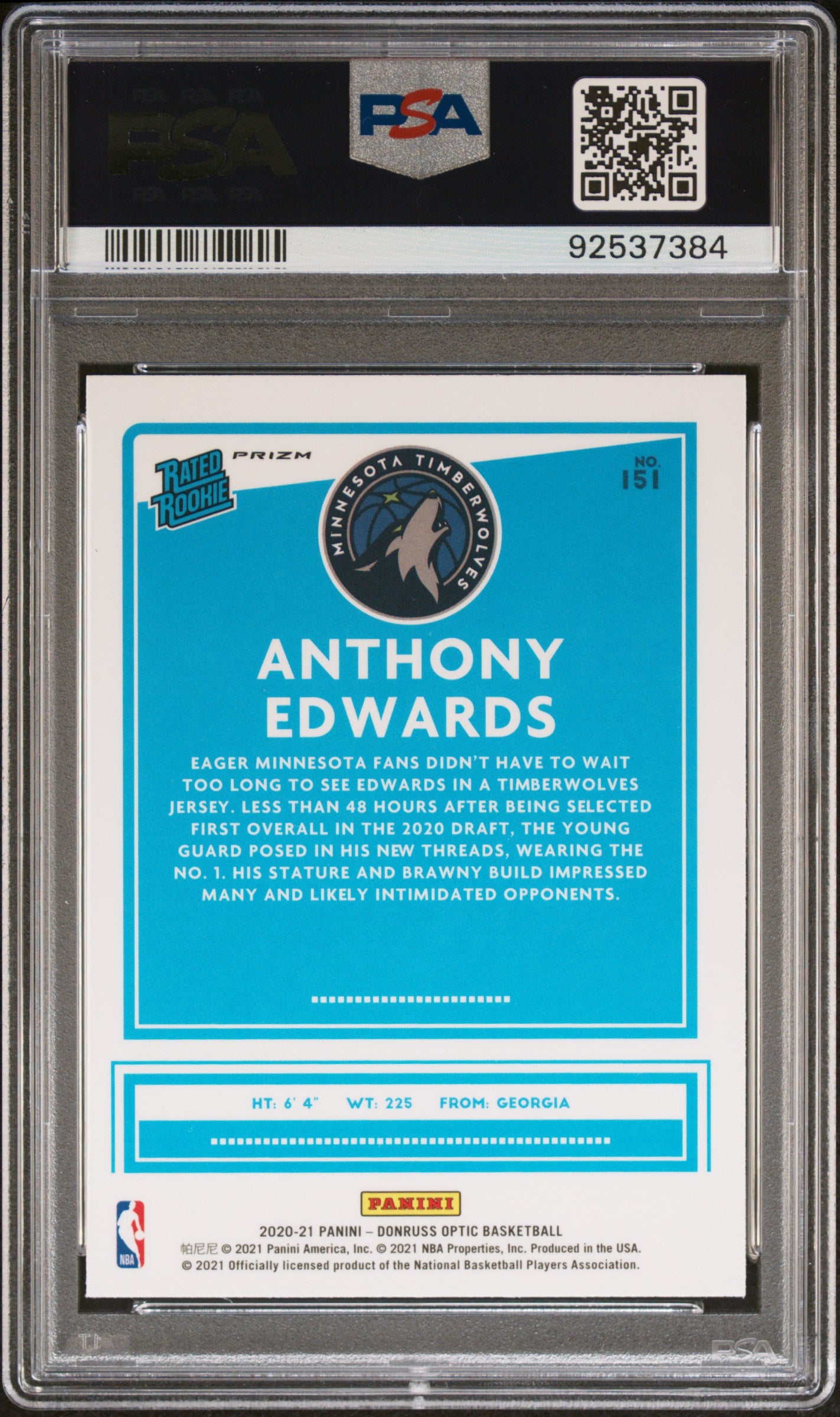 Anthony Edwards 2020 Donruss Optic Rookie #151 Blue Velocity PSA 10 Gem Mint