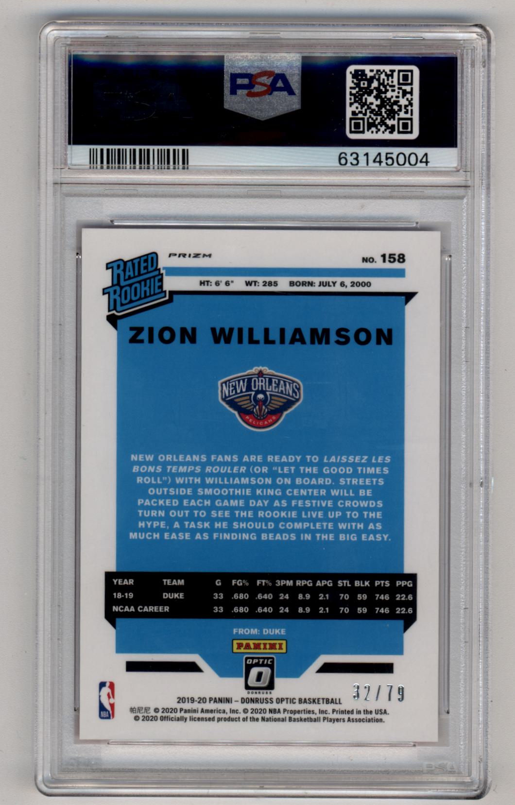 Zion Williamson 2019-20 Optic Pink Velocity 32/79 PSA 10 Gem Mint