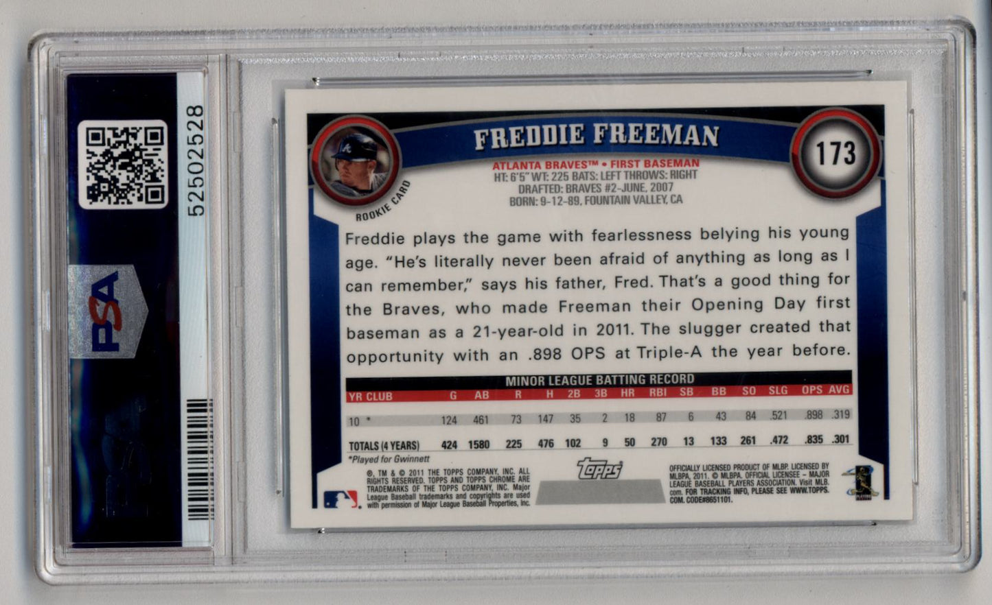 Freddie Freeman 2011 Topps Chrome Rookie #173 PSA 10 Gem Mint 2528