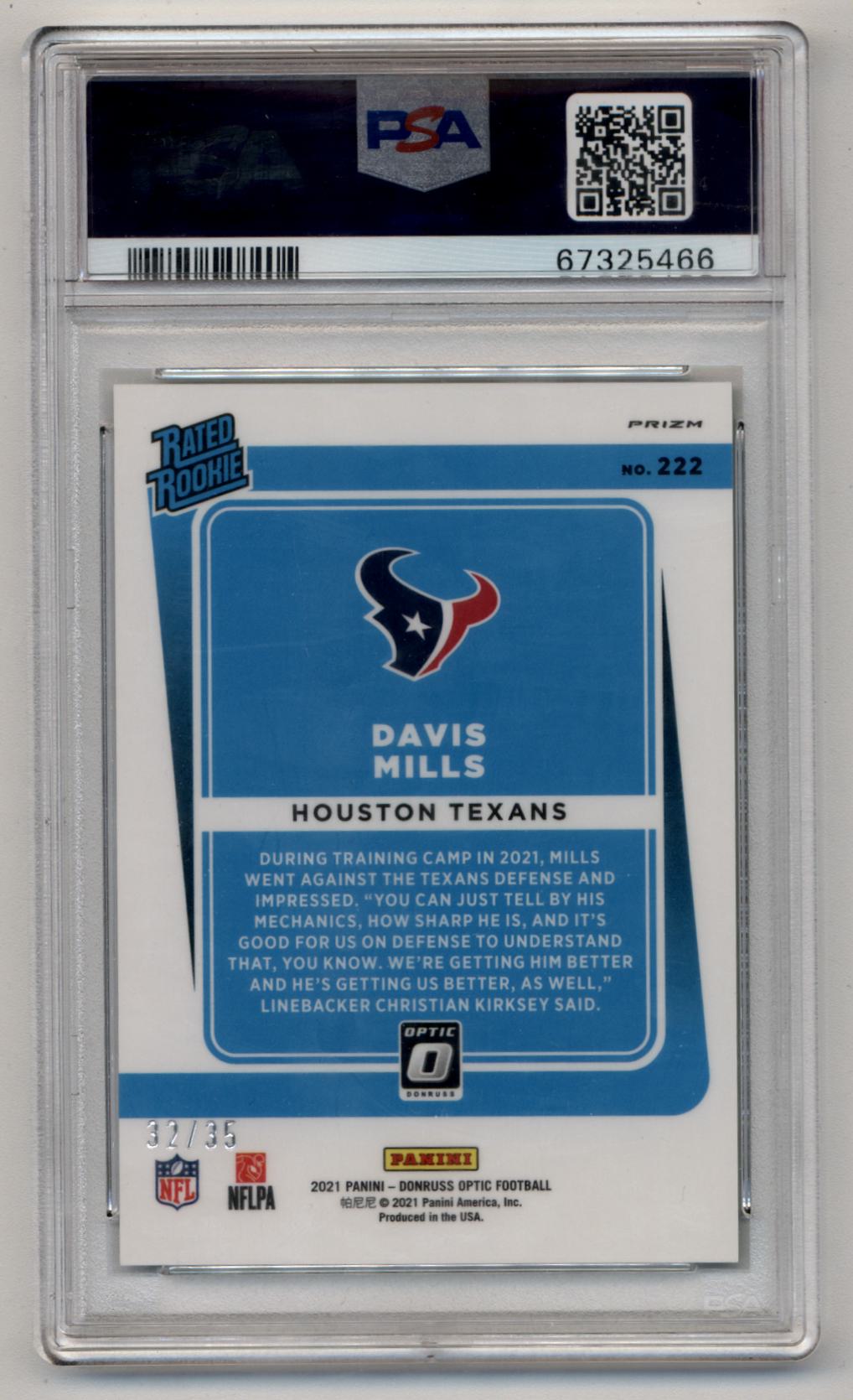 Davis Mills 2021 Donruss Optic Lime Green #222 32/35 PSA 10 Gem Mint