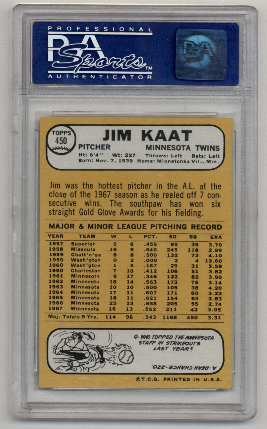 Jim Kaat 1968 Topps #450 PSA 9 Mint