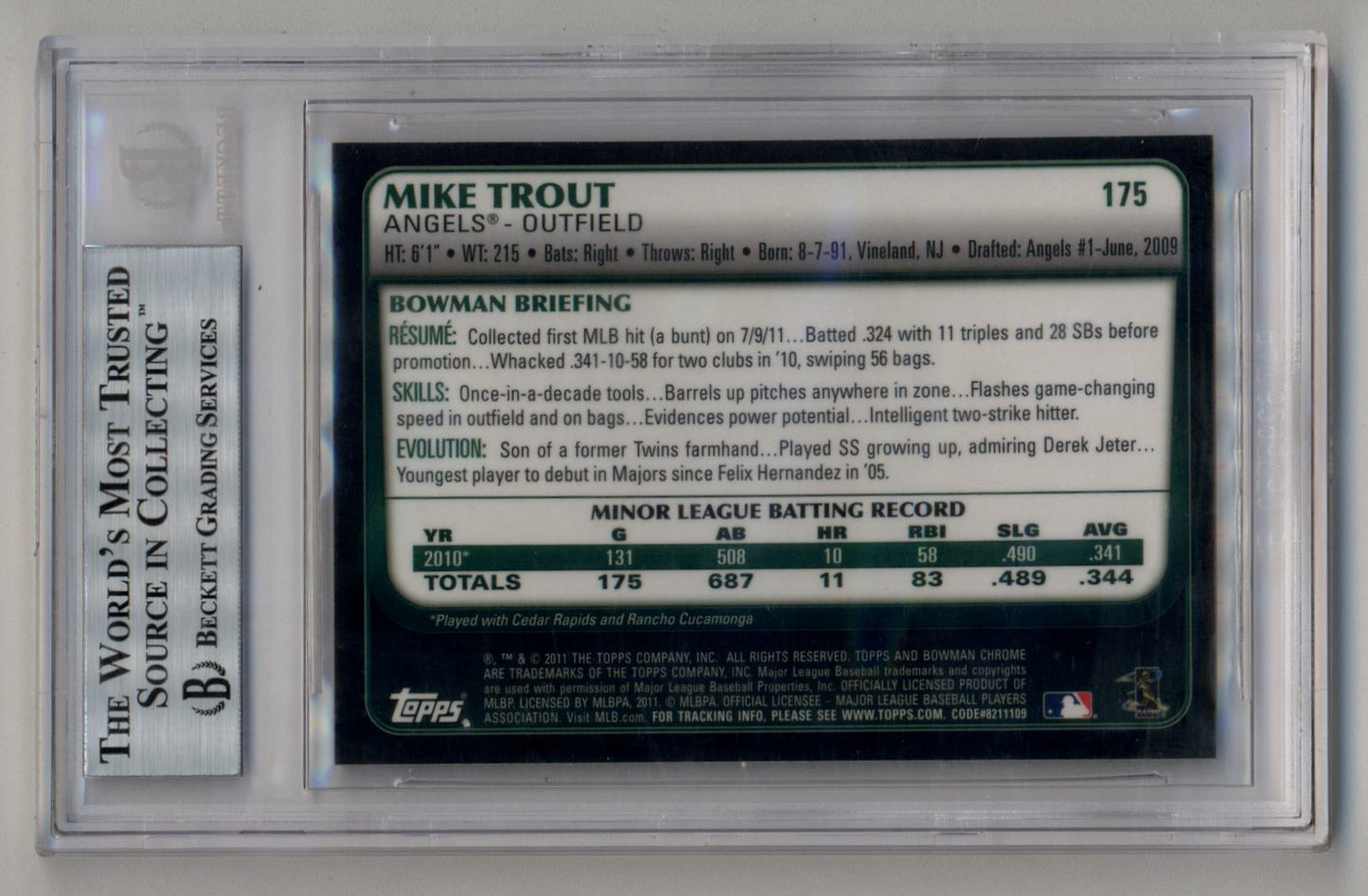 Mike Trout 2011 Bowman Chrome #175 BGS 8.5 Near Mint Mint+