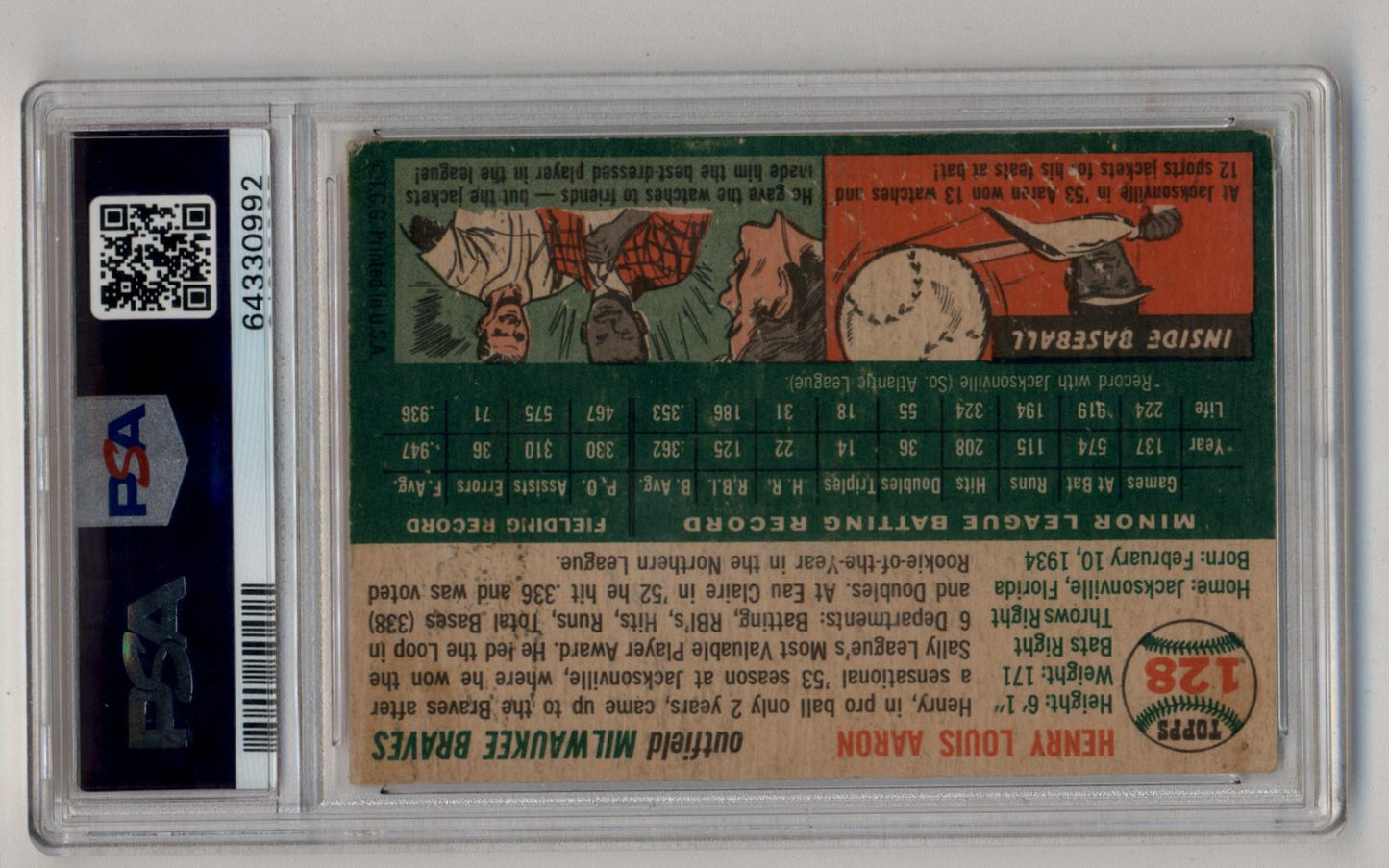 Henry Aaron 1954 Topps #128 PSA 3.5 Very Good+