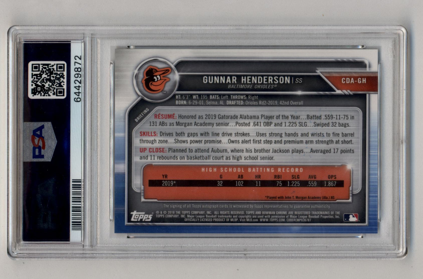 Gunnar Henderson 2019 Bowman Chrome Draft Picks Auto PSA 10 Gem Mint Auto 10 9872