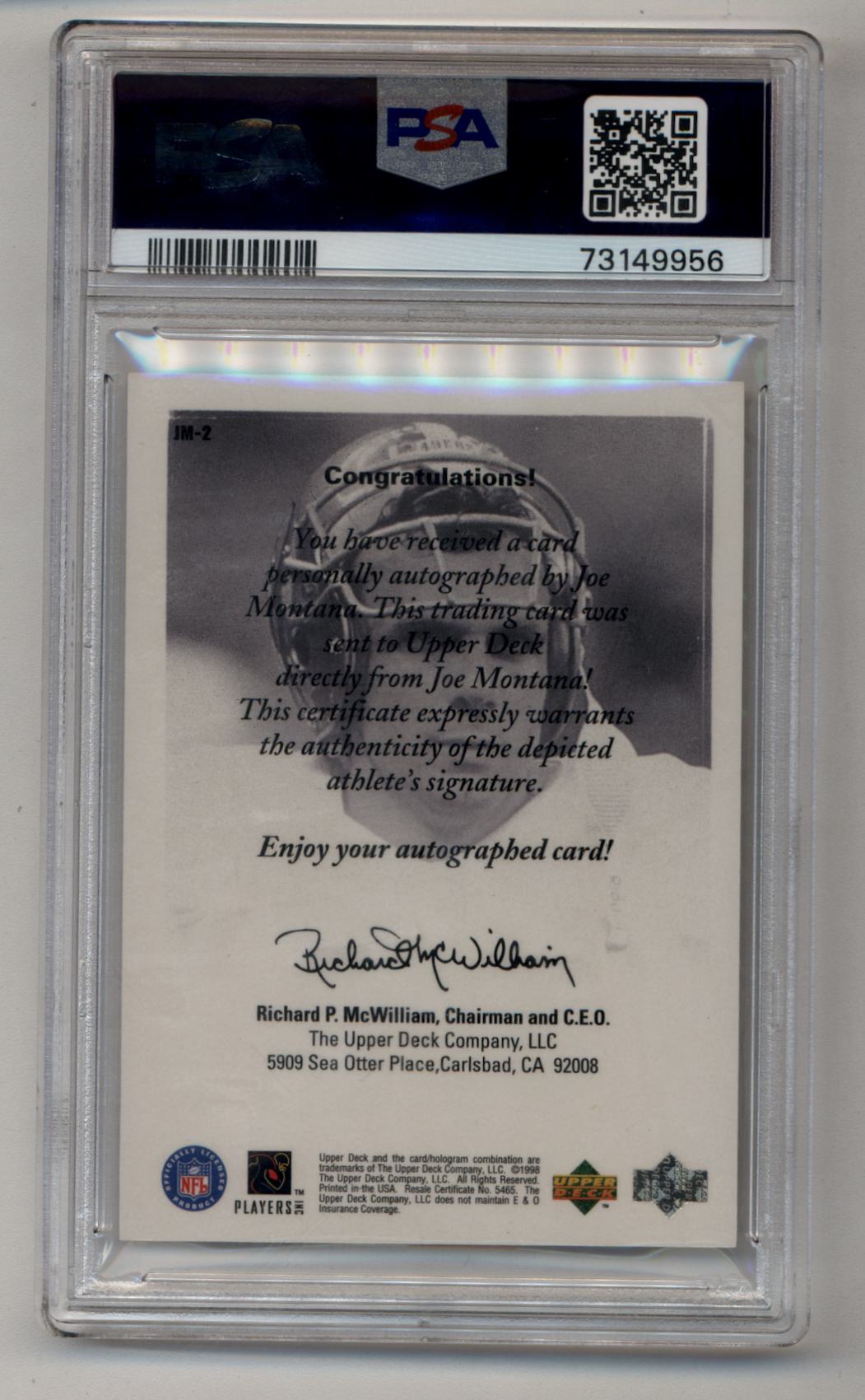 Joe Montana 1998 U.D. Encore UD Authentics #JM-2 Mint 9