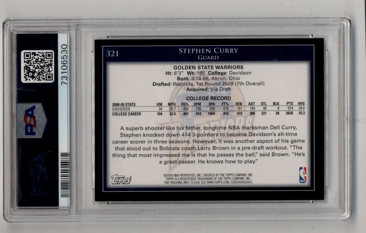 Stephen Curry 2009-10 Topps Rookie #321 PSA 9 Mint