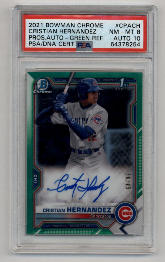 Cristian Hernandez 2021 Bowman Chrome Green Refractor Auto 64/99 PSA 8 Near Mint Auto 10
