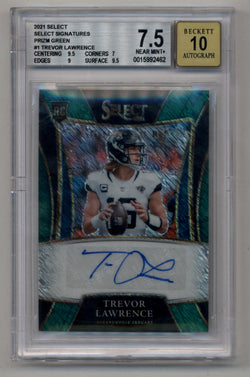 Trevor Lawrence 2021 Select Signatures Prizm Green 3/5 BGS 7.5 Near Mint+ Auto 10