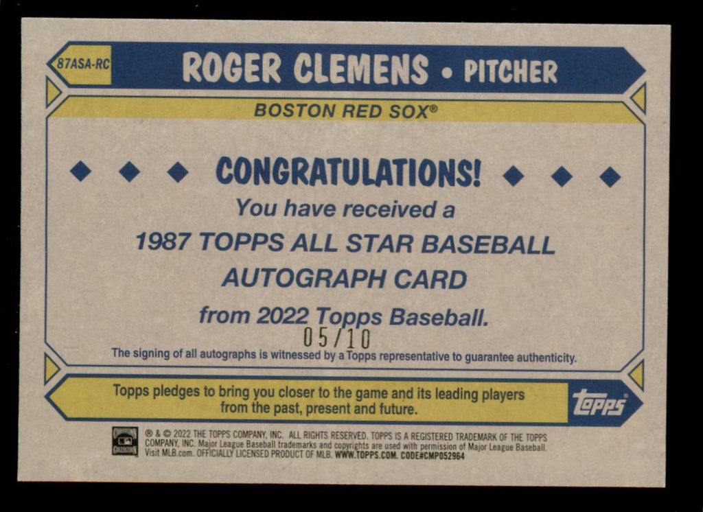 Roger Clemens 2022 Topps '87 Topps All-Star Auto Red 05/10 – Three Stars  Sportscards