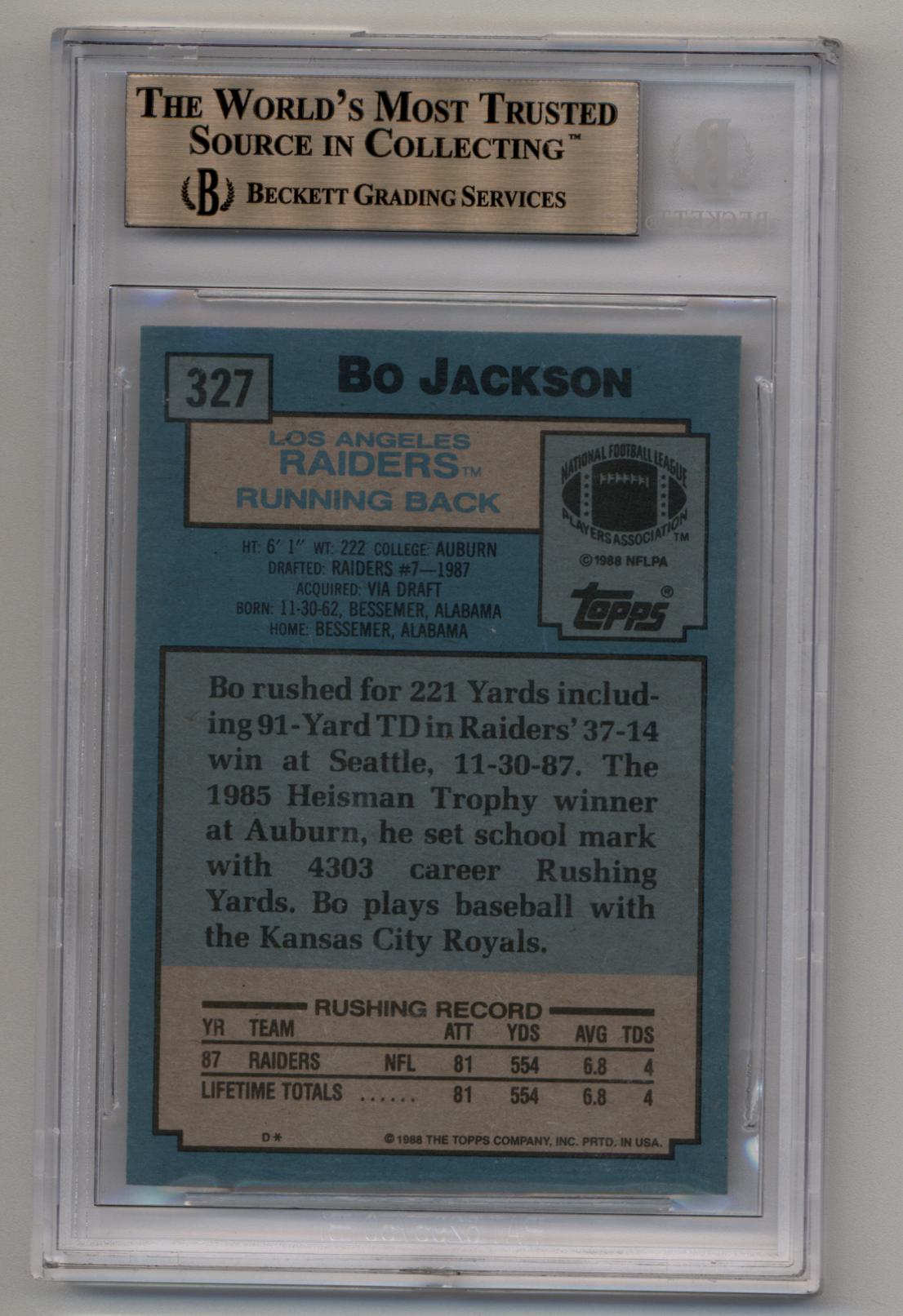 Bo Jackson 1988 Topps Rookie #327 BGS 9.5 Gem Mint