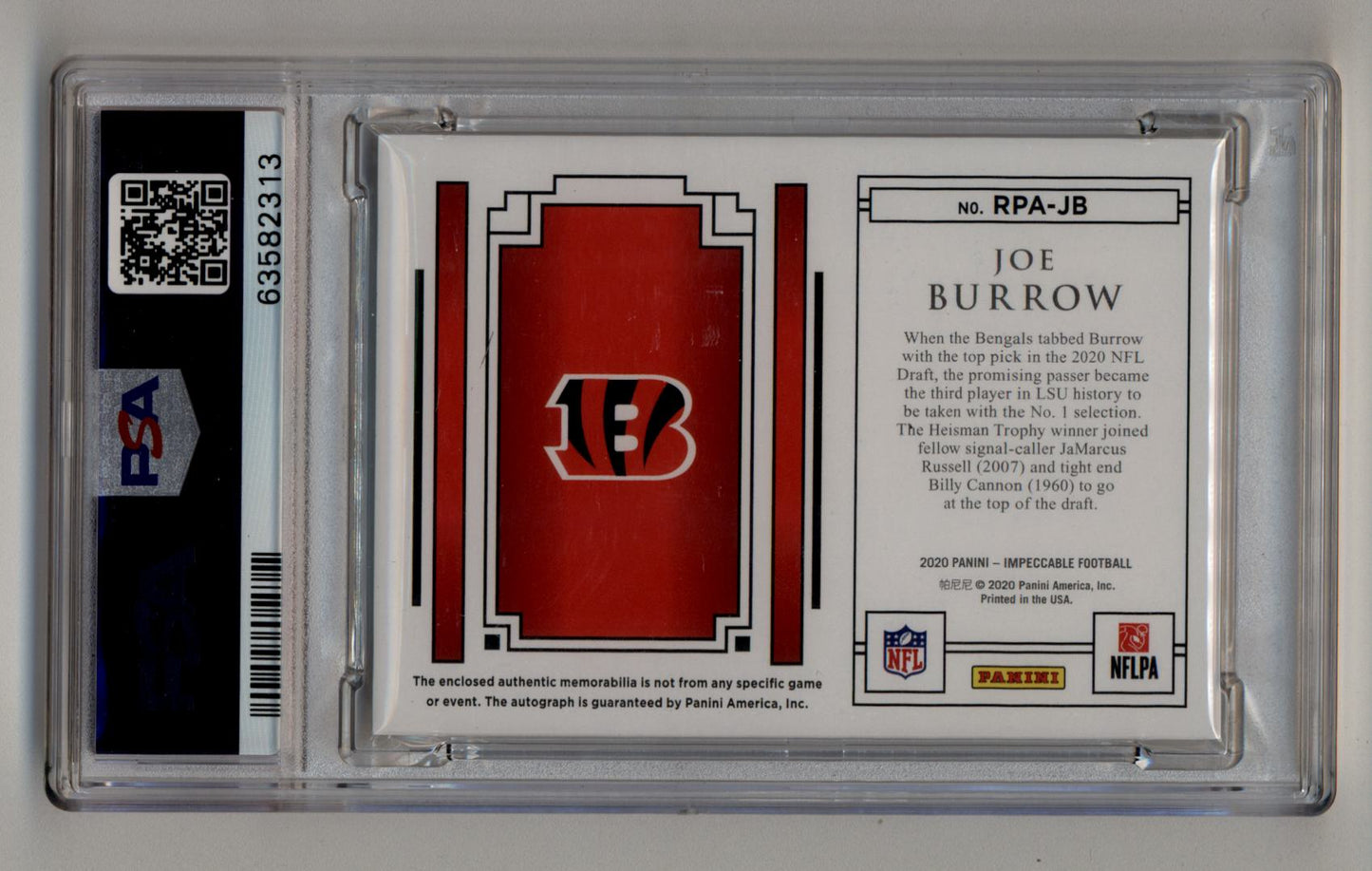 Joe Burrow 2020 Impeccable Rookie Patch Auto Silver 08/10 PSA 9 Mint