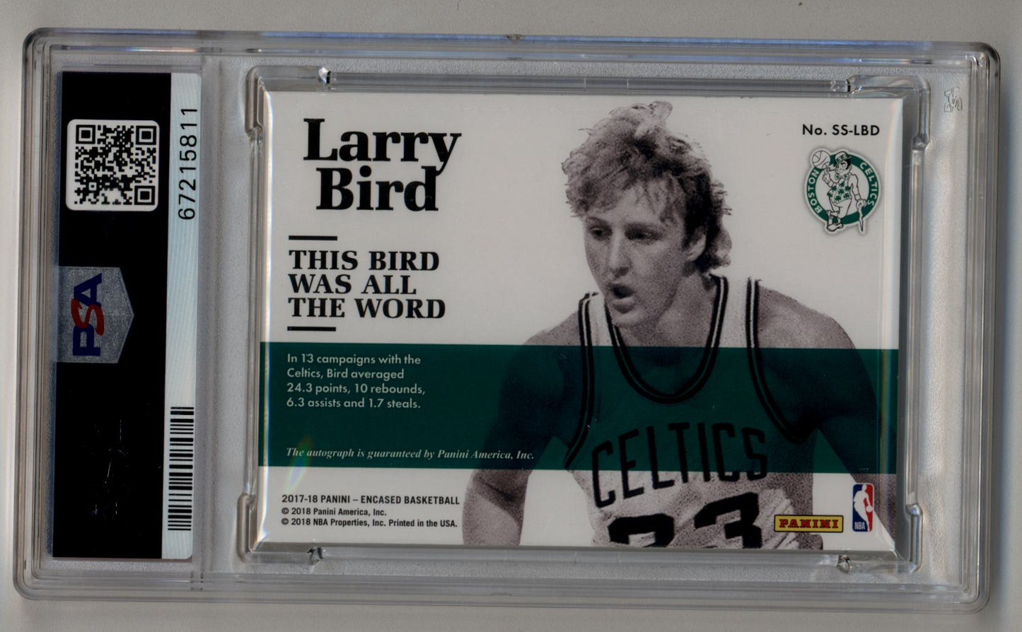 Larry Bird 2017-18 Panini Encased Scripted Signatures 25/25 PSA 8 Near Mint Mint