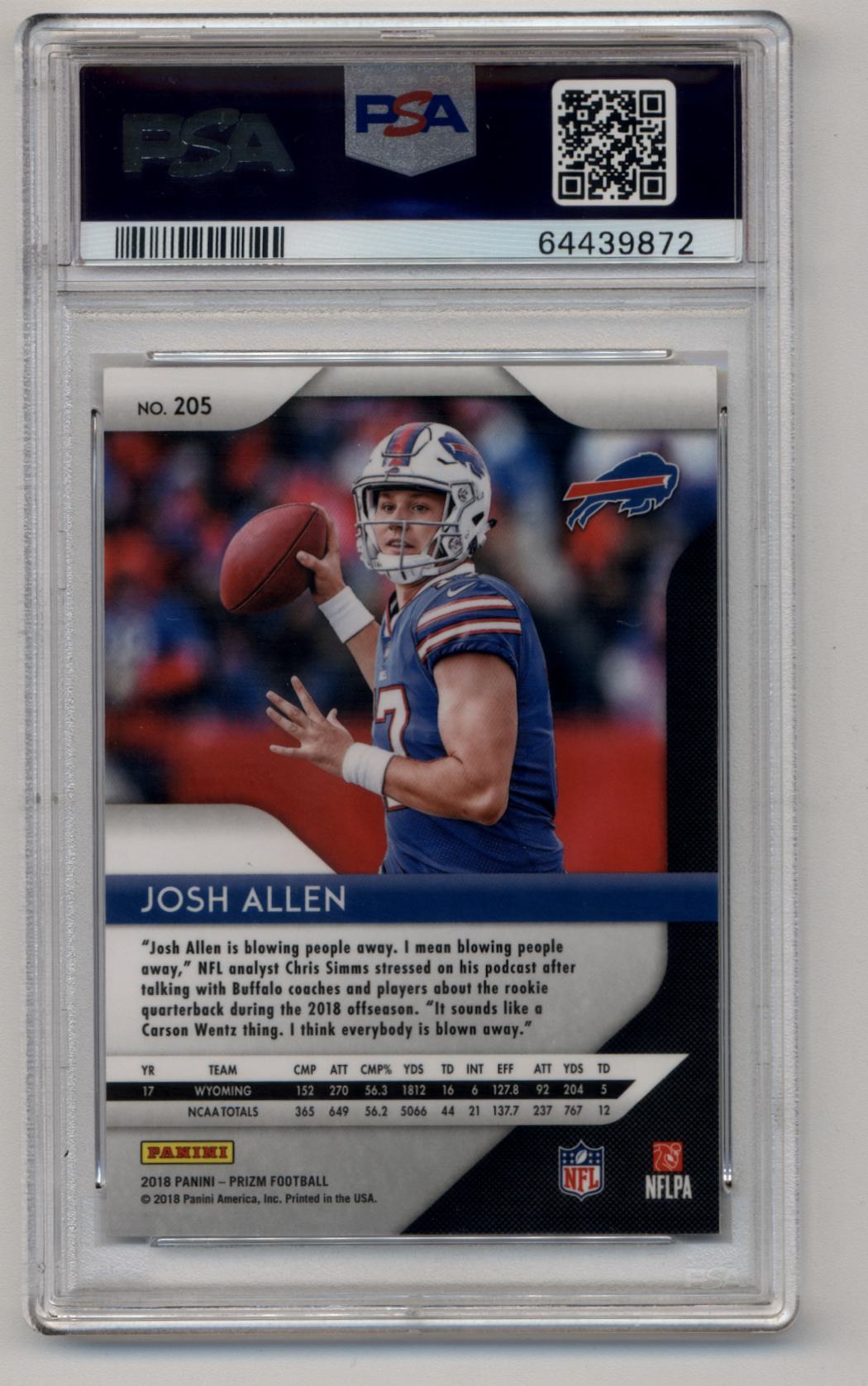 Josh Allen 2018 Panini Prizm #205 Rookie PSA 9 Mint