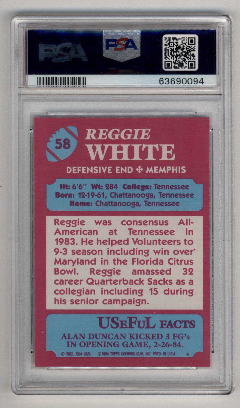 Reggie White 1984 Topps USFL #58 XRC PSA 9 Mint