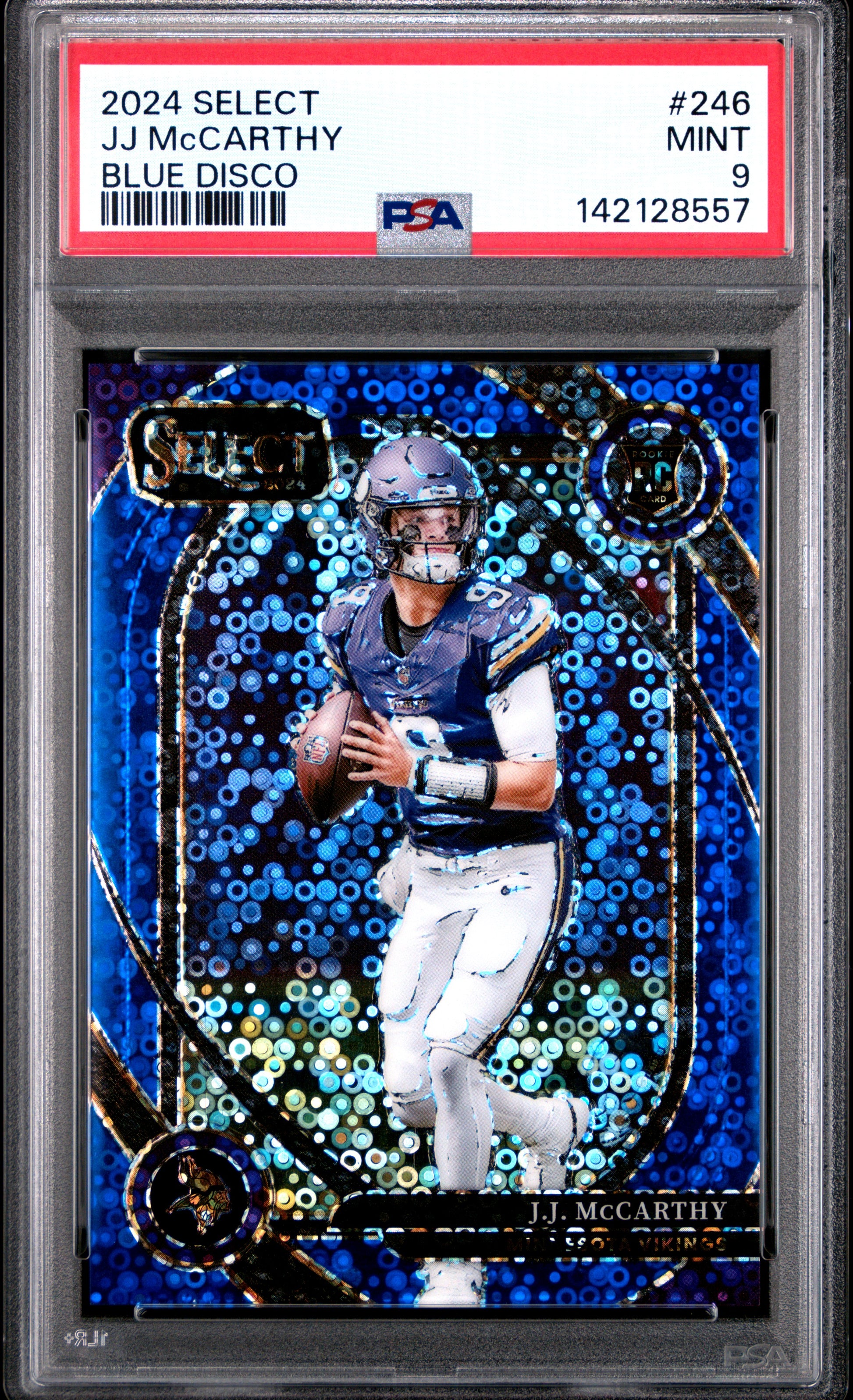 J.J. McCarthy 2024 Select Rookie #246 Blue Disco #8/25 PSA 9 Mint