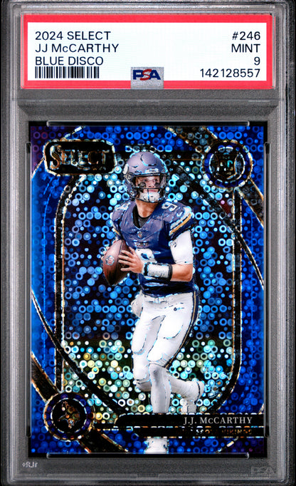 J.J. McCarthy 2024 Select Rookie #246 Blue Disco #8/25 PSA 9 Mint