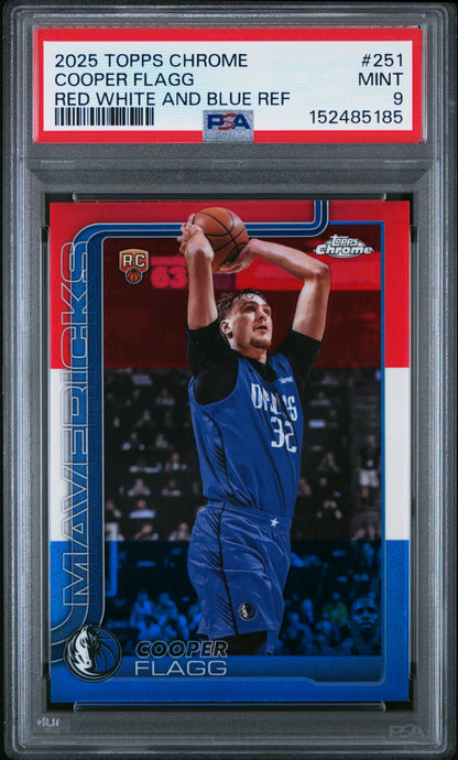 Cooper Flagg 2025 Topps Chrome Rookie #251 Red White Blue Refractor PSA 9 Mint 5185