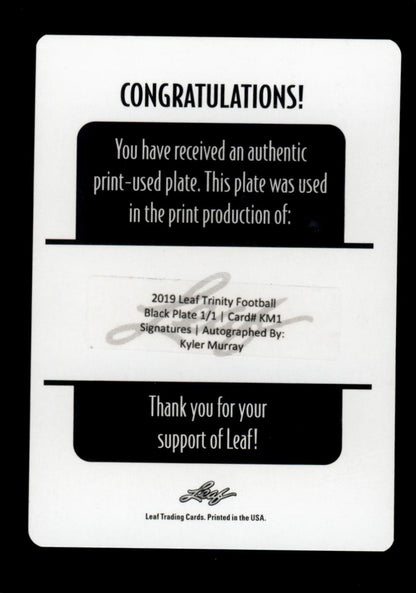 Kyler Murray 2019 Leaf Trinity Black Plate 1/1 Auto
